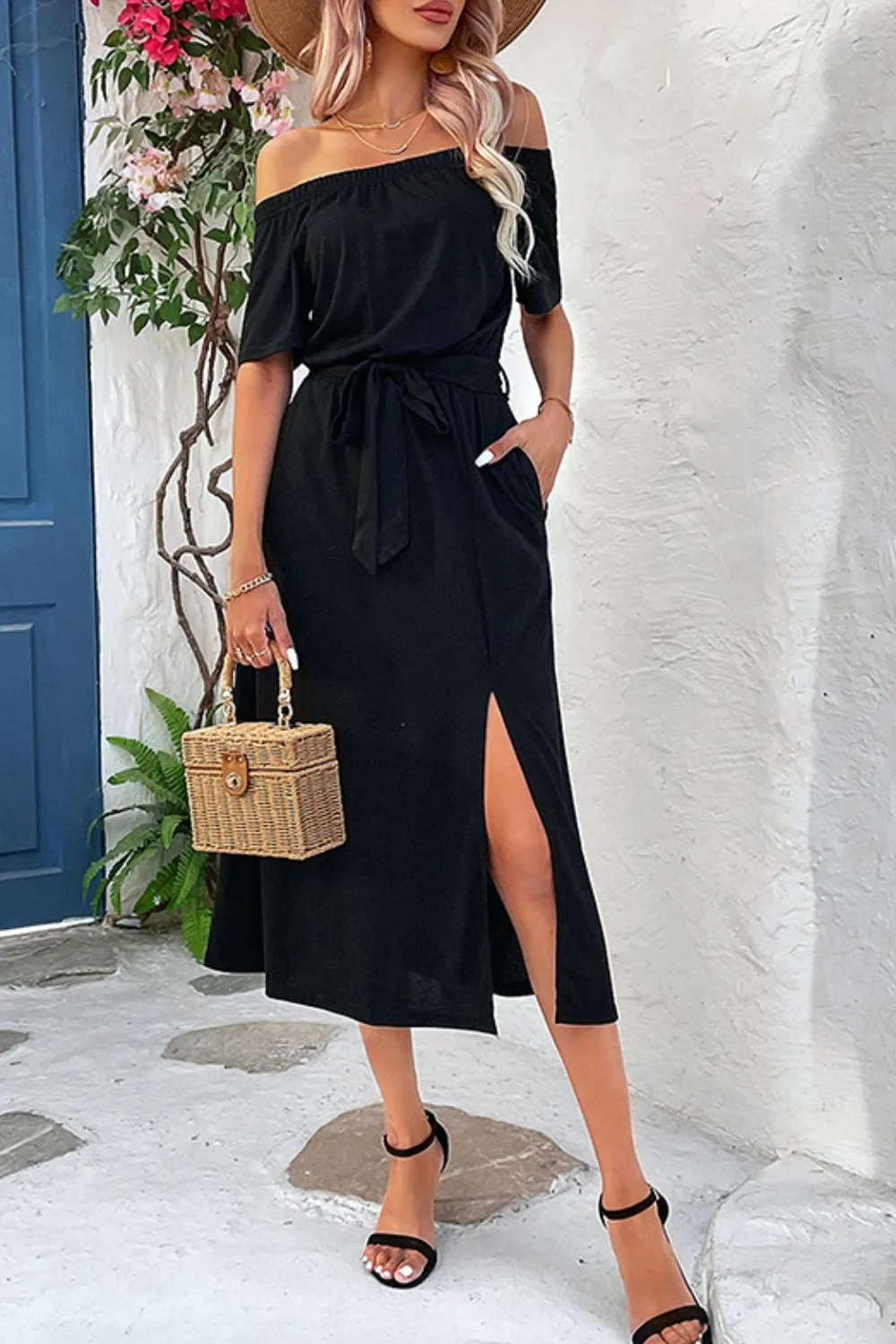 Midi Tie-Waist Off-Shoulder Split Dress