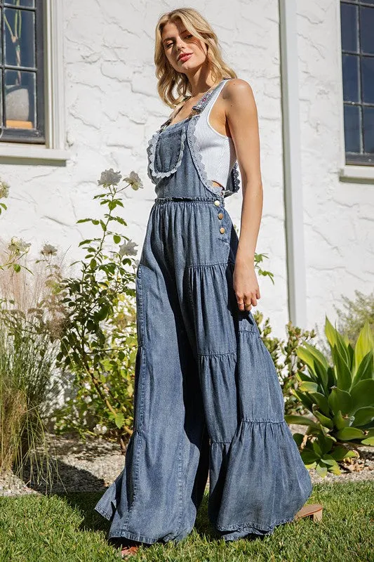Mineral Washed Lace Tiered Soft Jean Overalls Jumper / Romper by Eesome