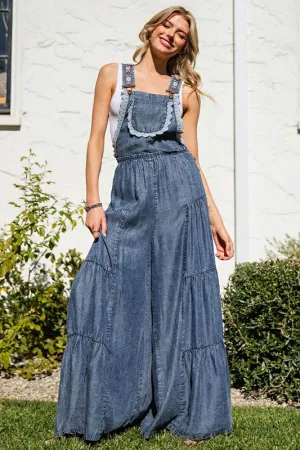 Mineral Washed Lace Tiered Soft Jean Overalls Jumper / Romper by Eesome