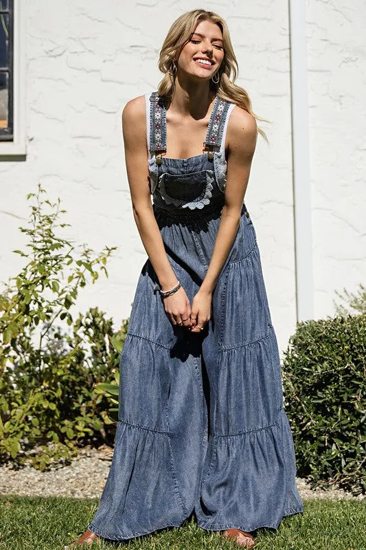 Mineral Washed Lace Tiered Soft Jean Overalls Jumper / Romper by Eesome