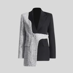 Modern Dual-Tone Blazer with Trendy Asymmetrical Hem - Black & Silver