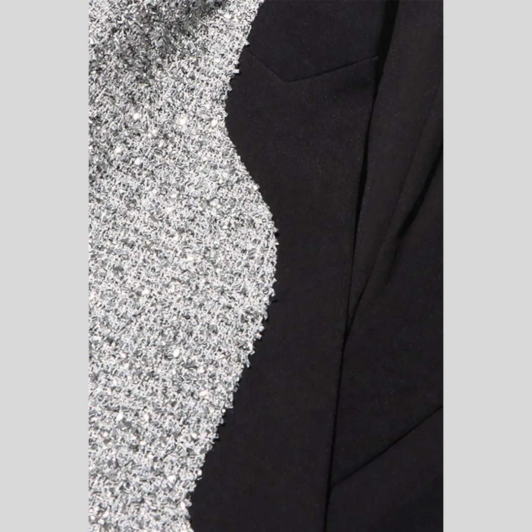 Modern Dual-Tone Blazer with Trendy Asymmetrical Hem - Black & Silver