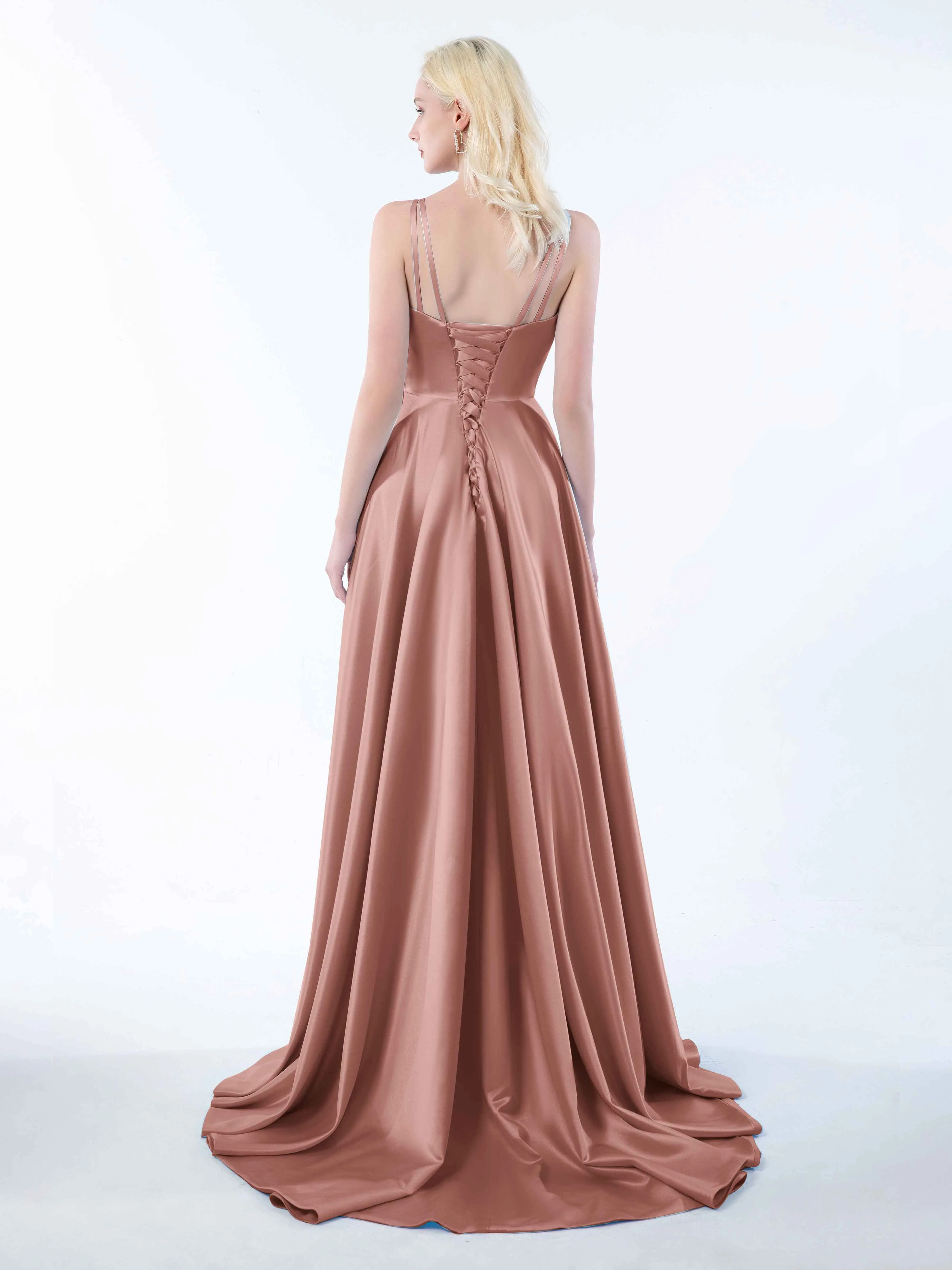 Molly Chic V Neck Slit Satin Dresses