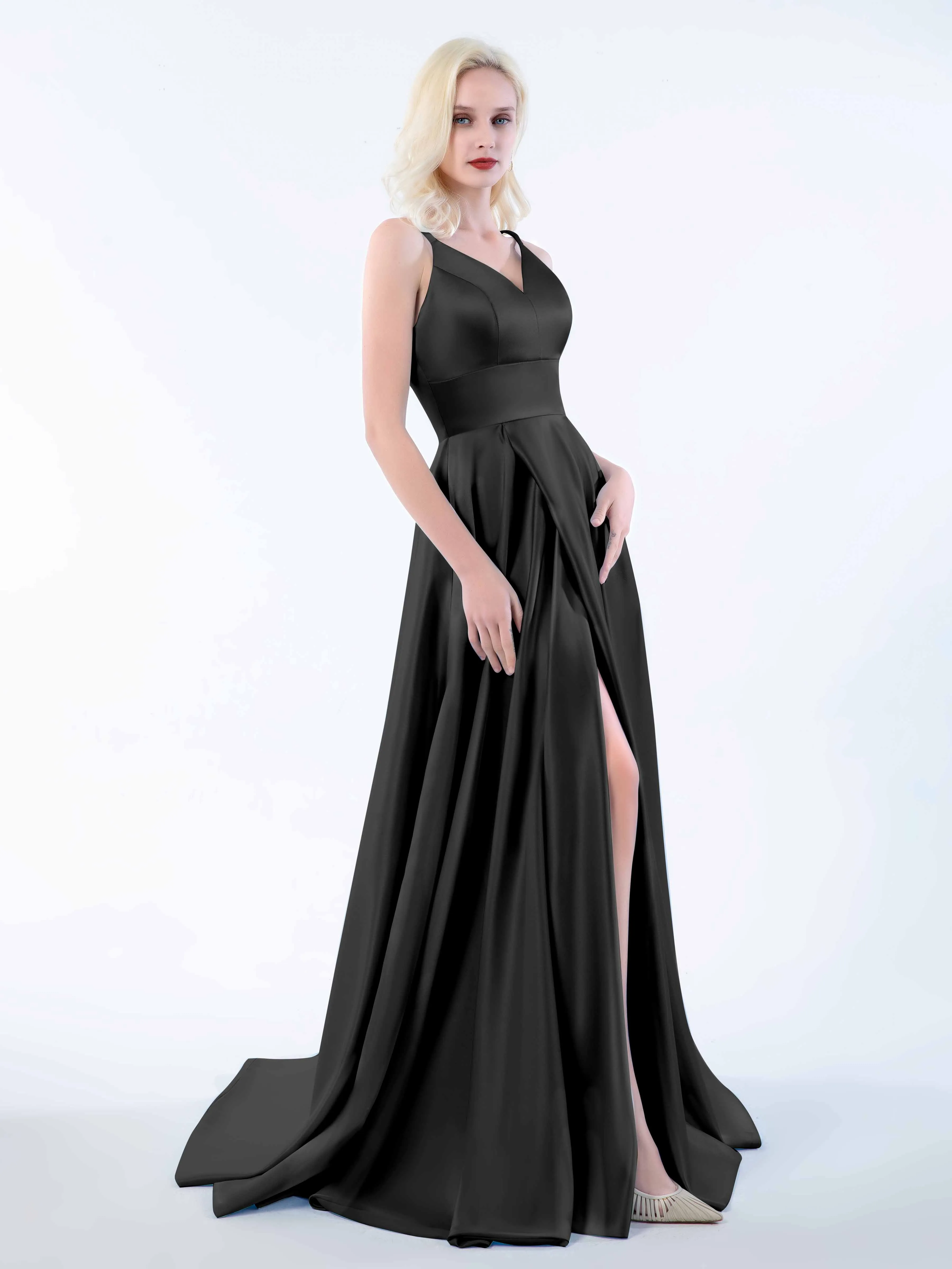 Molly Chic V Neck Slit Satin Dresses