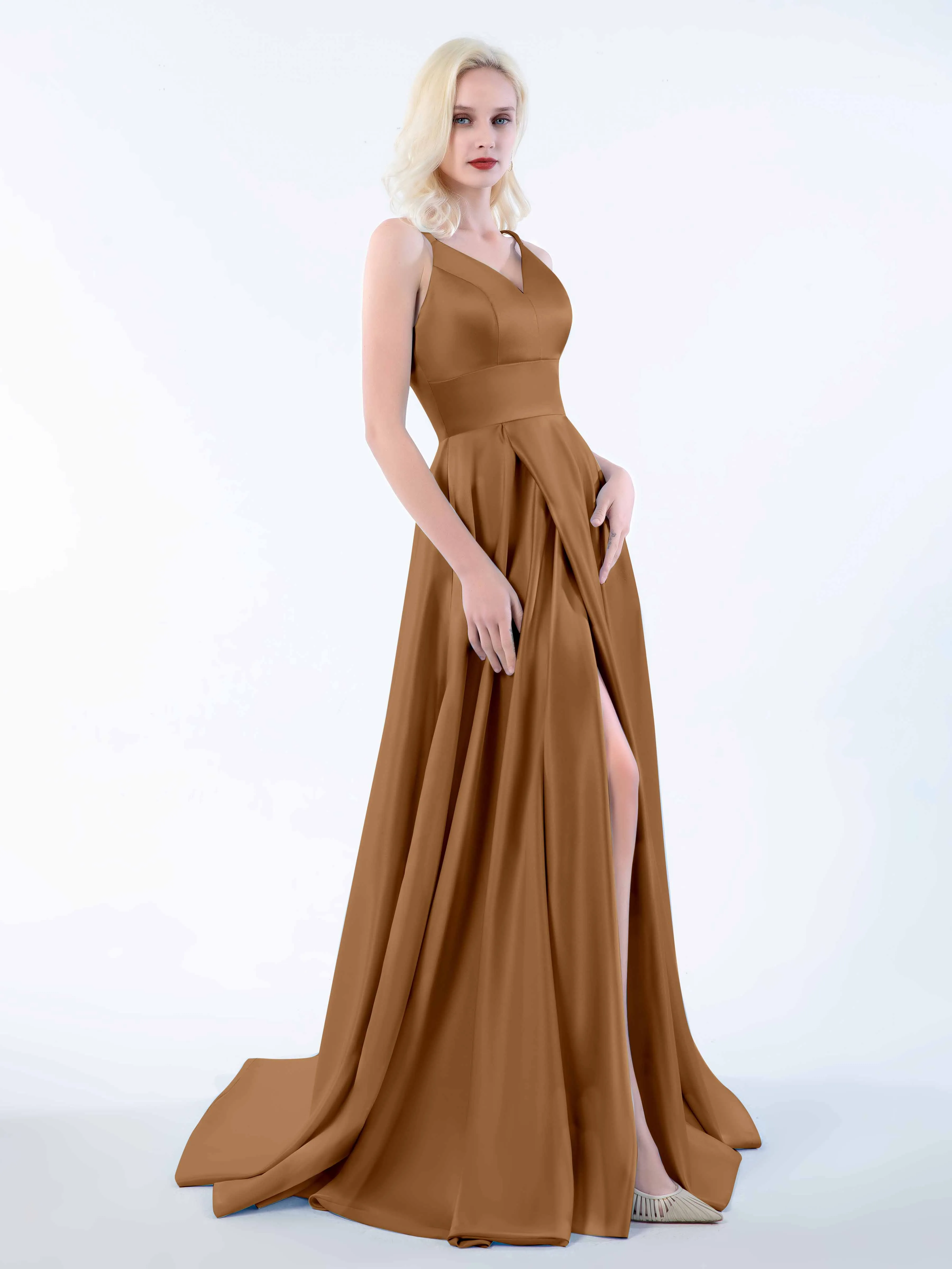 Molly Chic V Neck Slit Satin Dresses