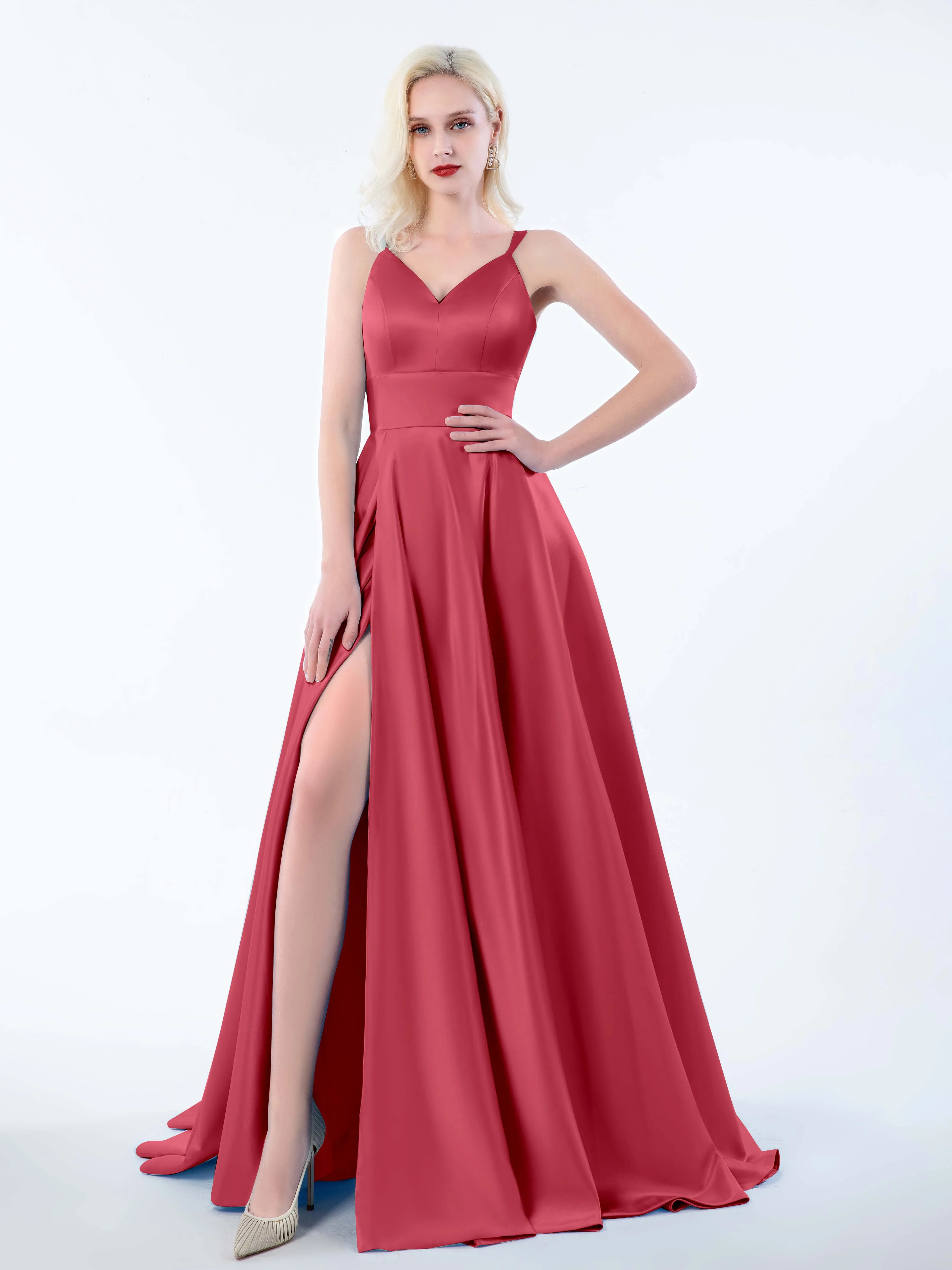 Molly Chic V Neck Slit Satin Dresses