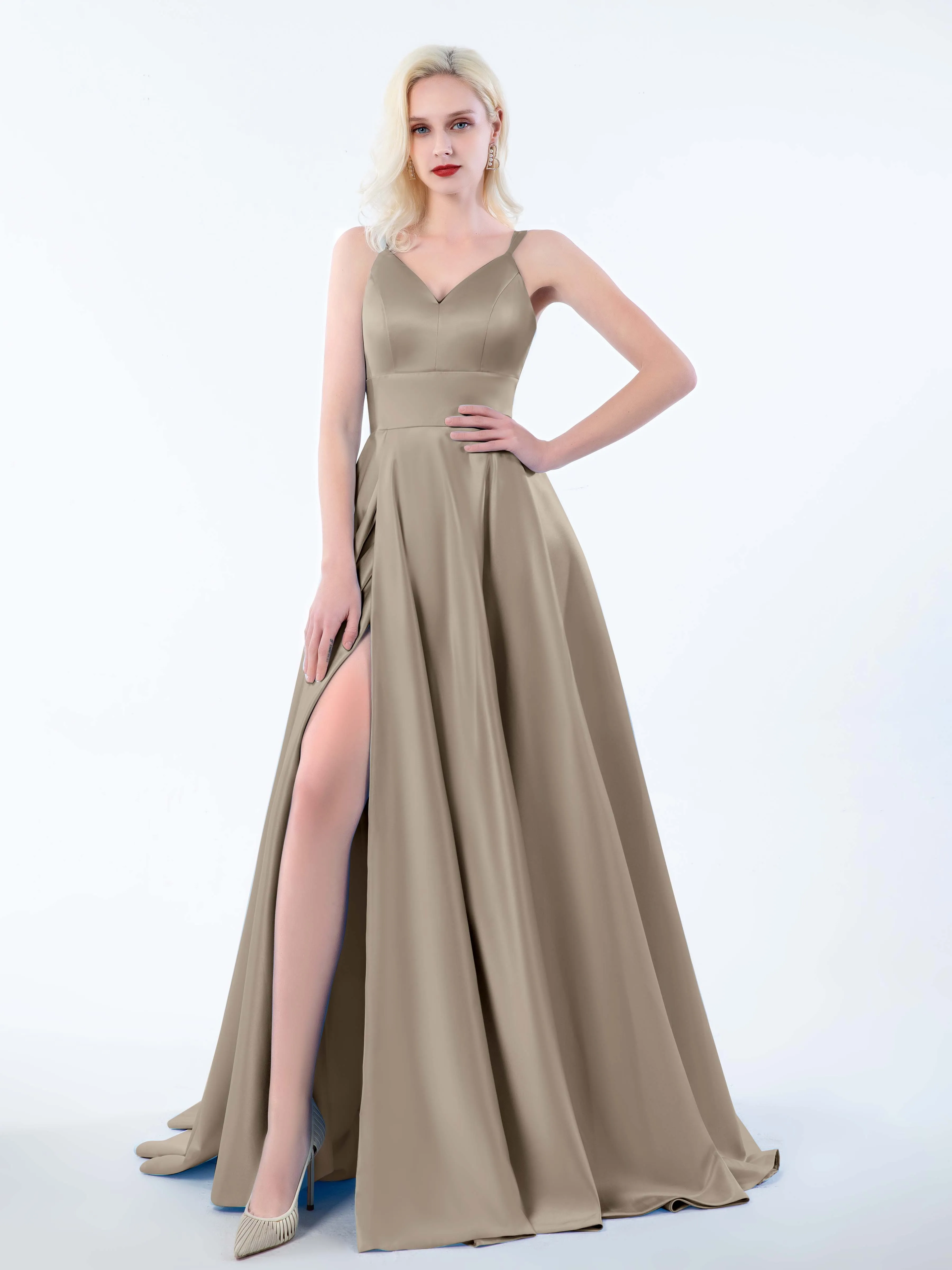 Molly Chic V Neck Slit Satin Dresses
