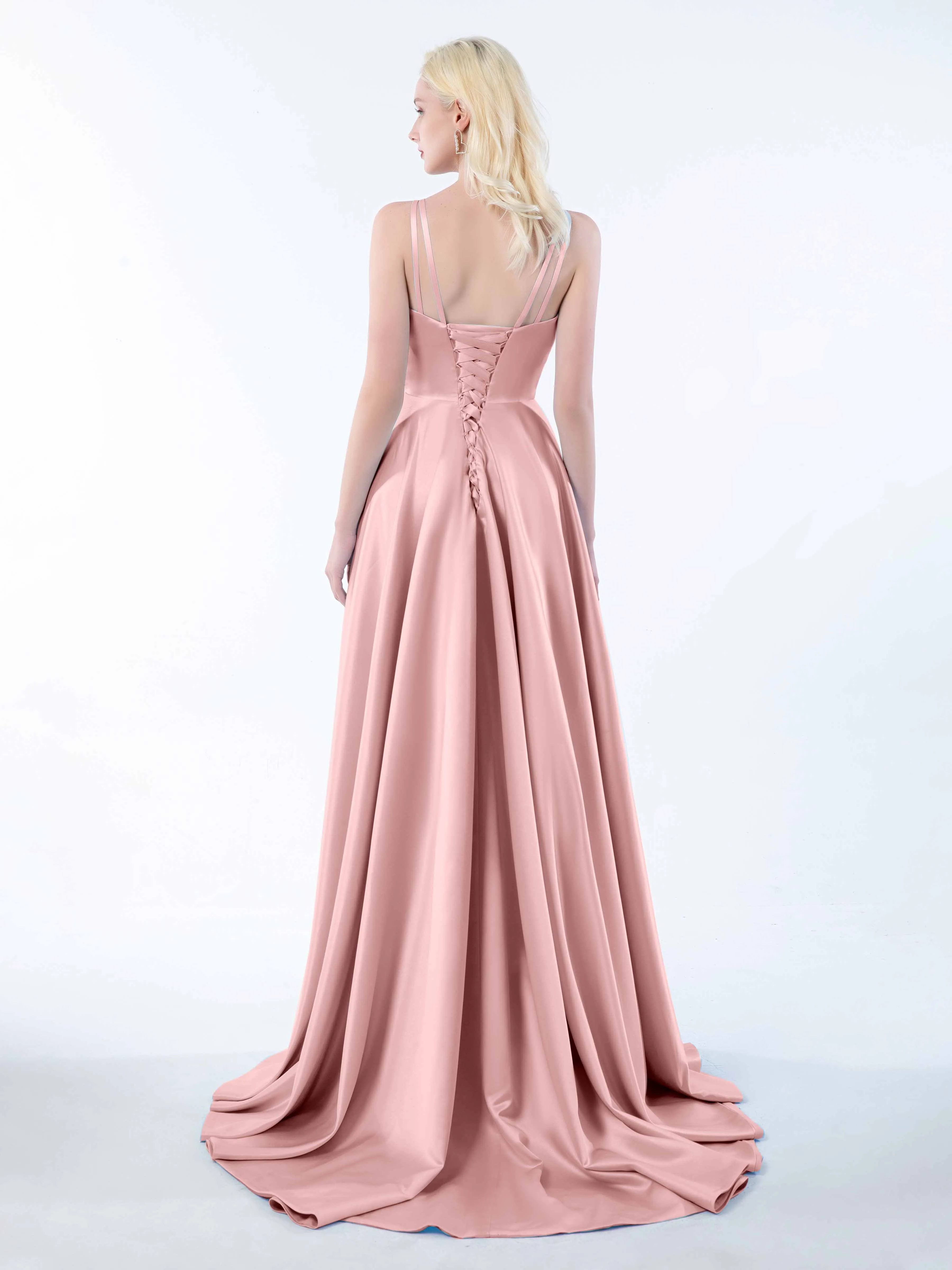 Molly Chic V Neck Slit Satin Dresses
