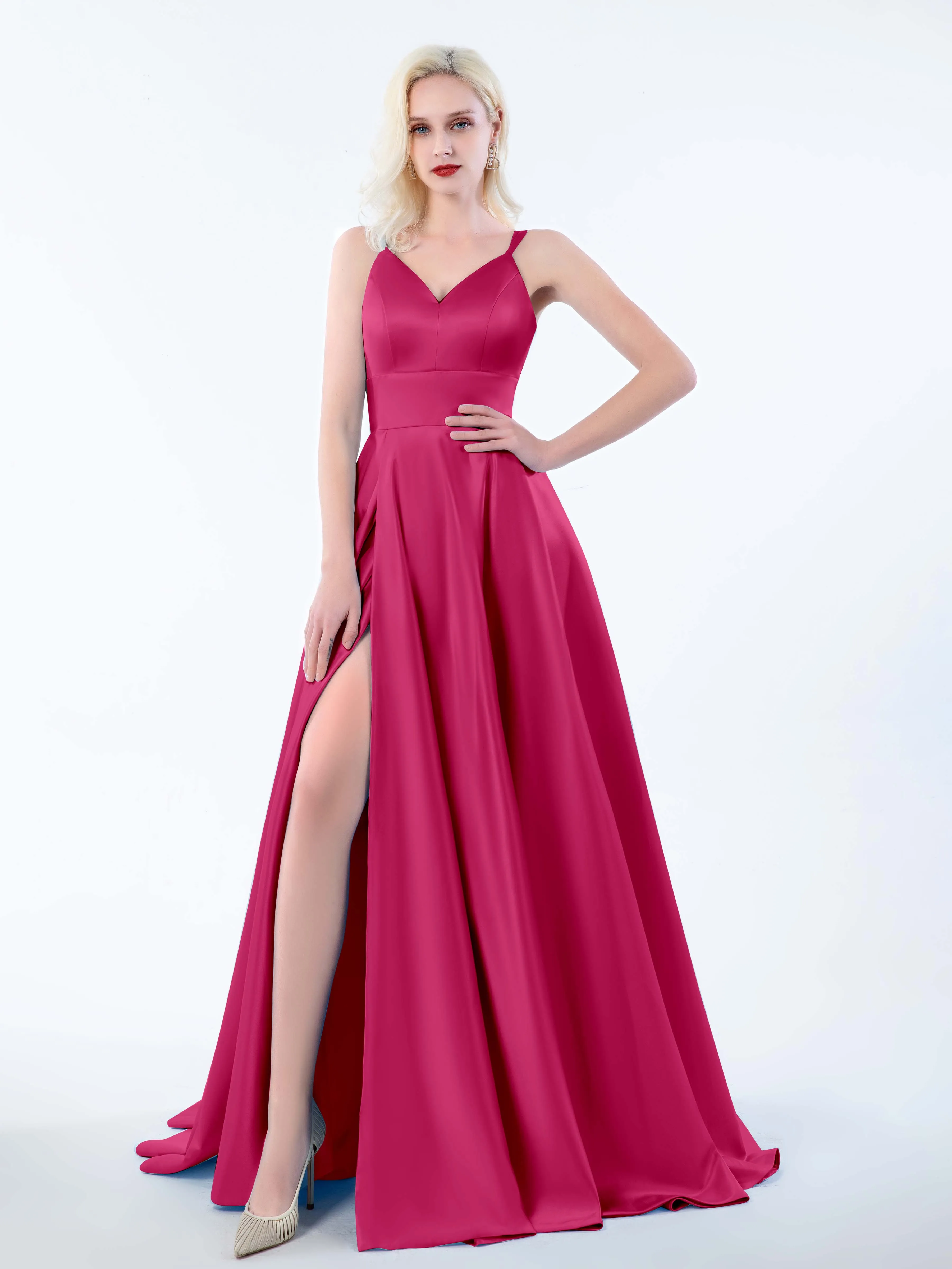 Molly Chic V Neck Slit Satin Dresses
