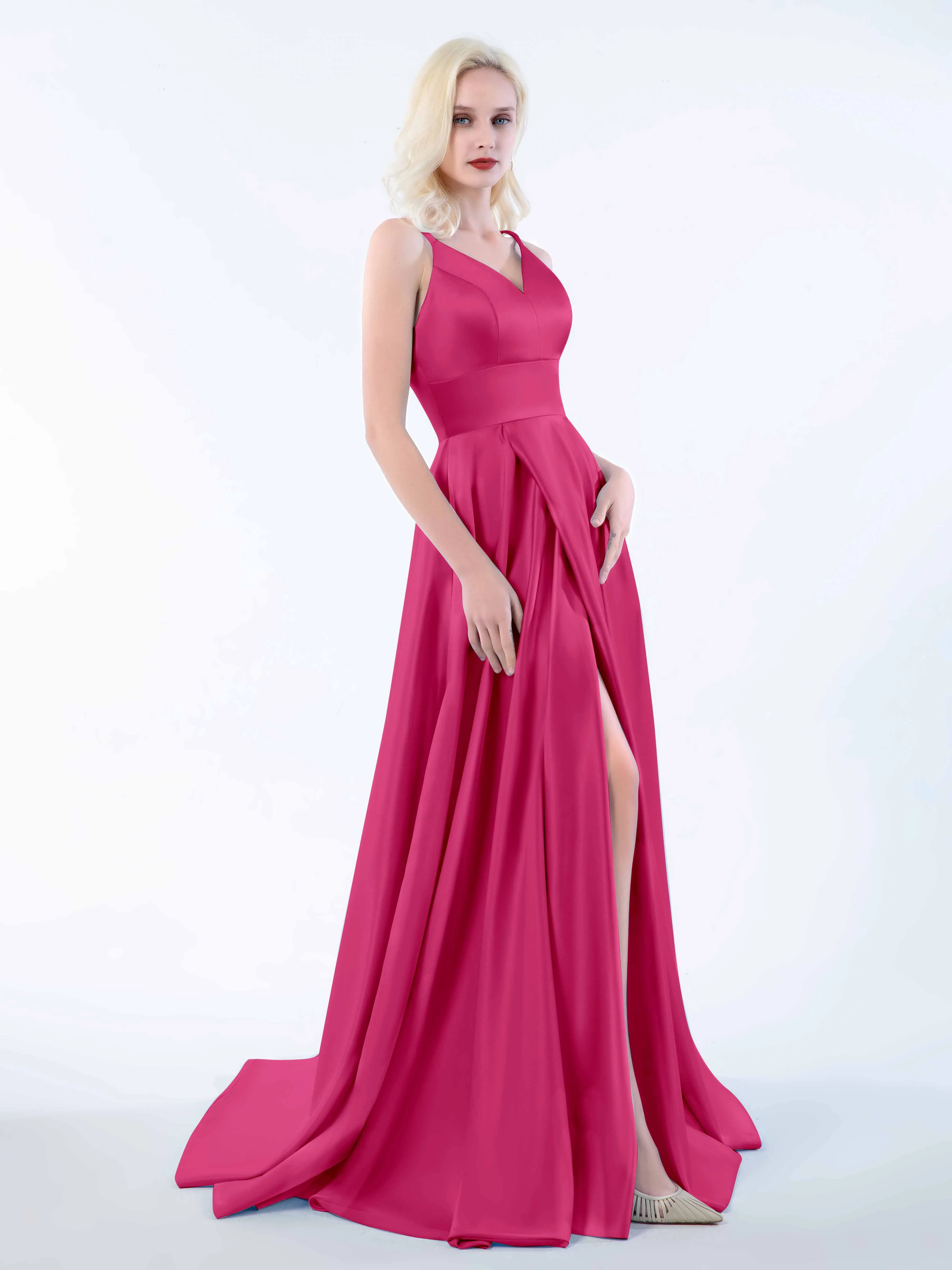 Molly Chic V Neck Slit Satin Dresses