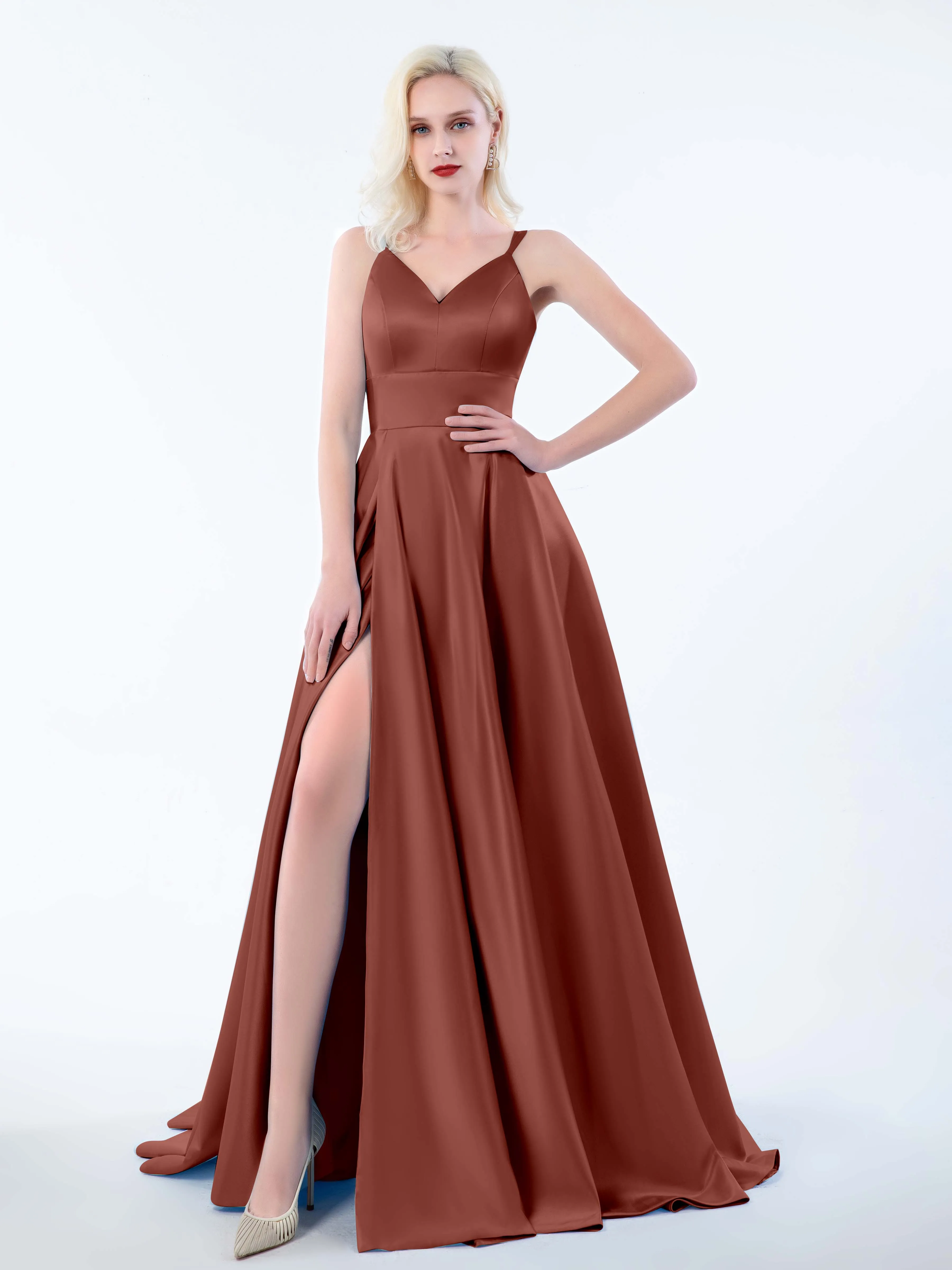 Molly Chic V Neck Slit Satin Dresses