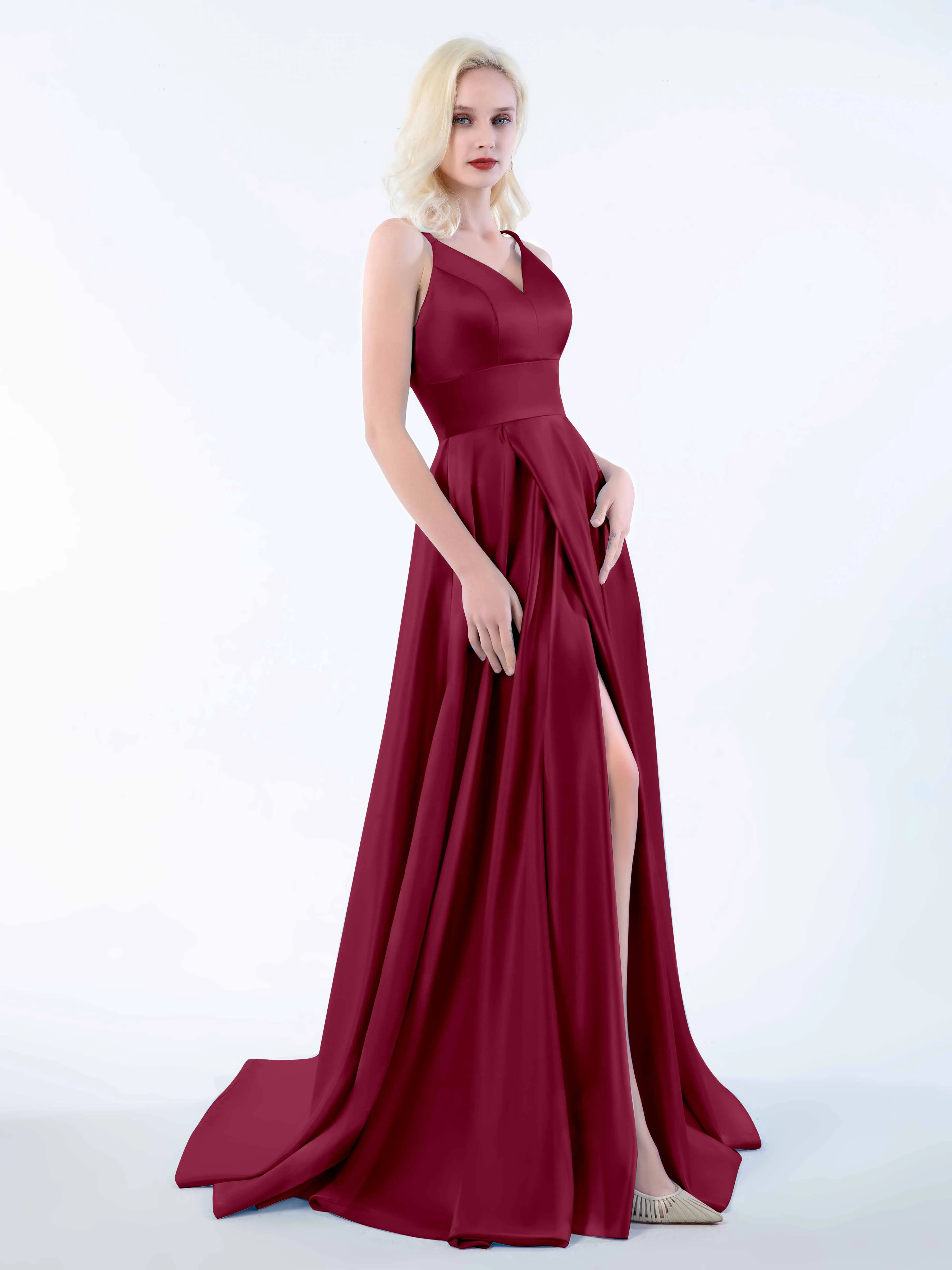 Molly Chic V Neck Slit Satin Dresses