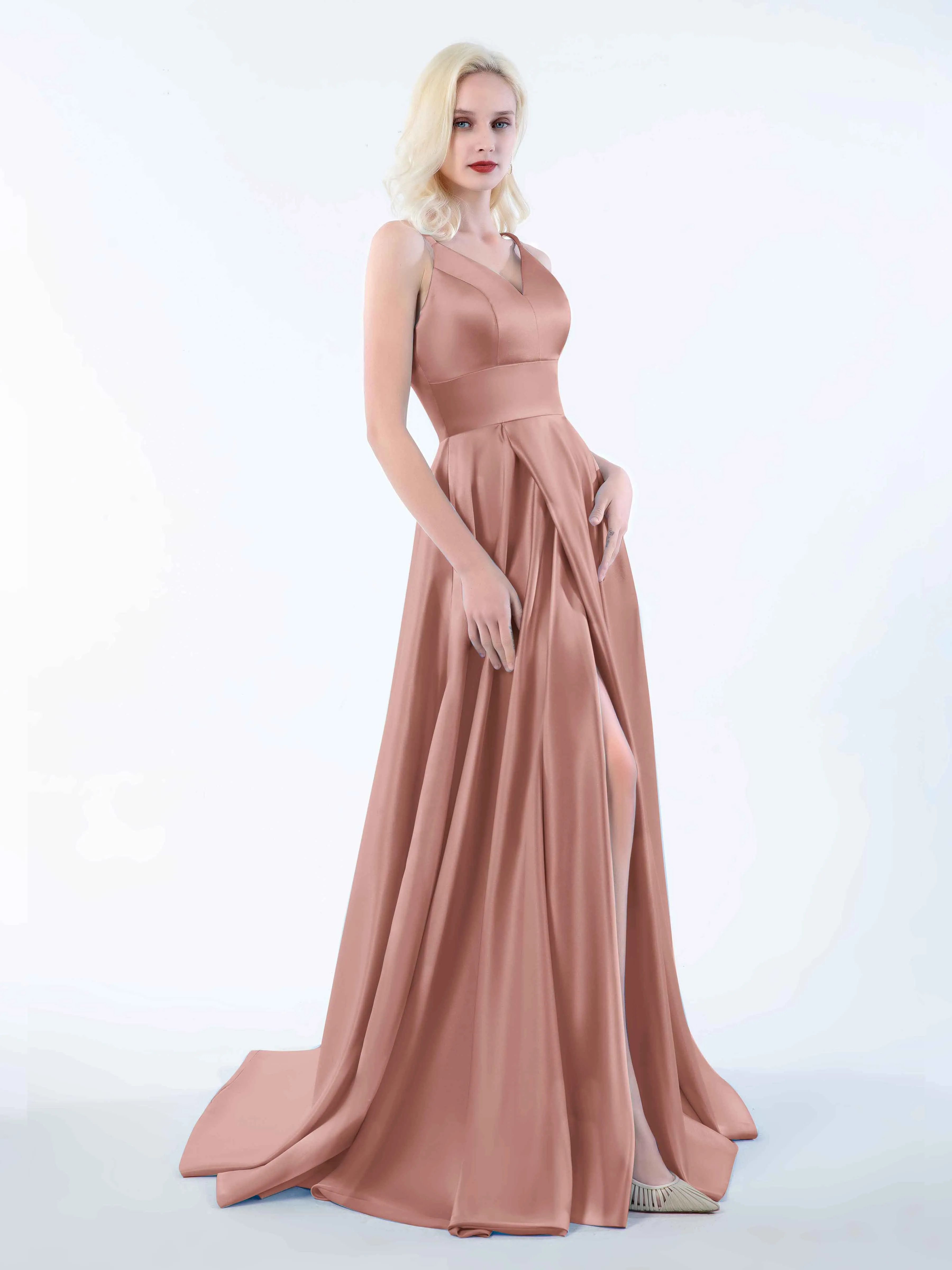Molly Chic V Neck Slit Satin Dresses