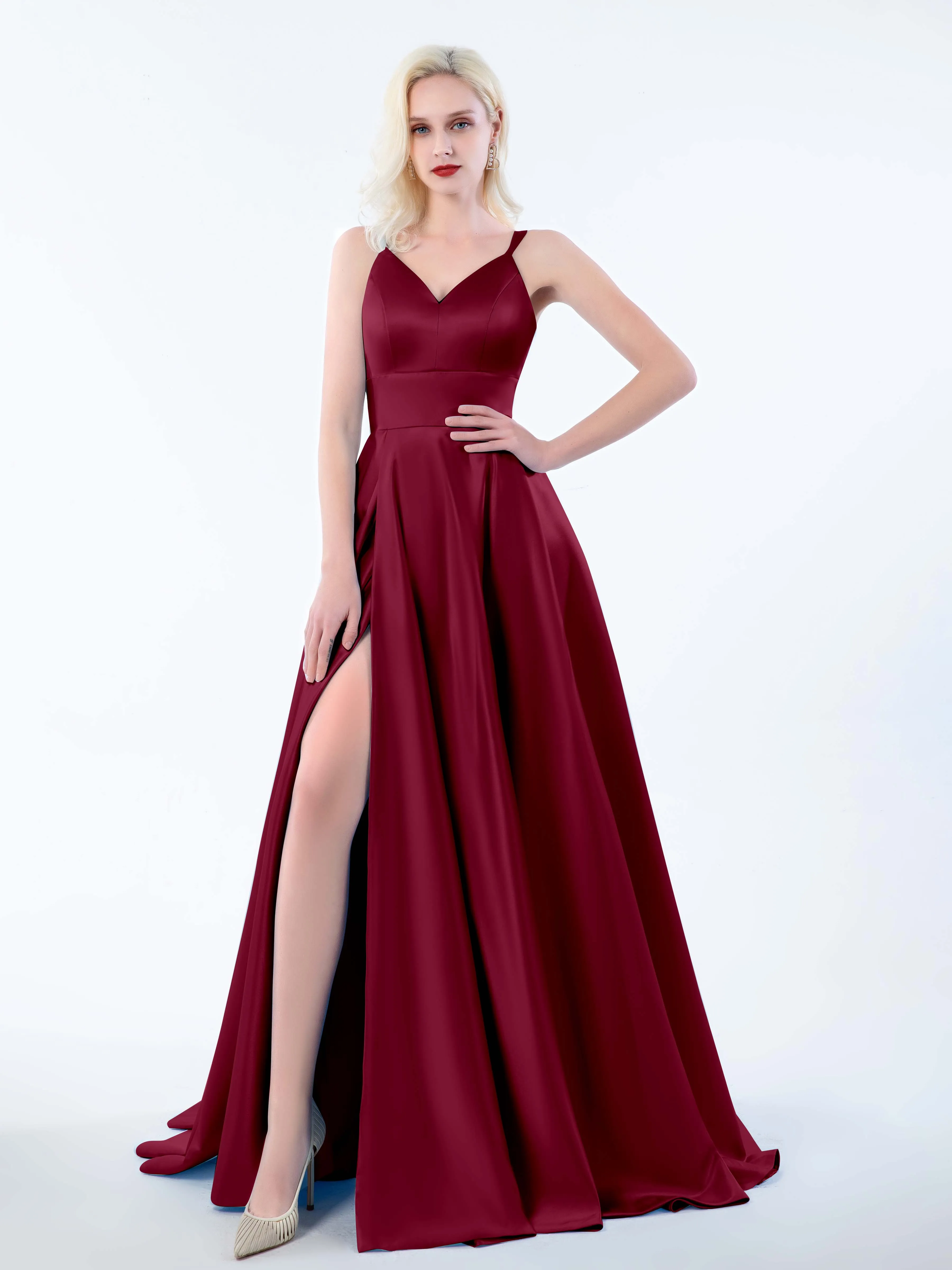 Molly Chic V Neck Slit Satin Dresses