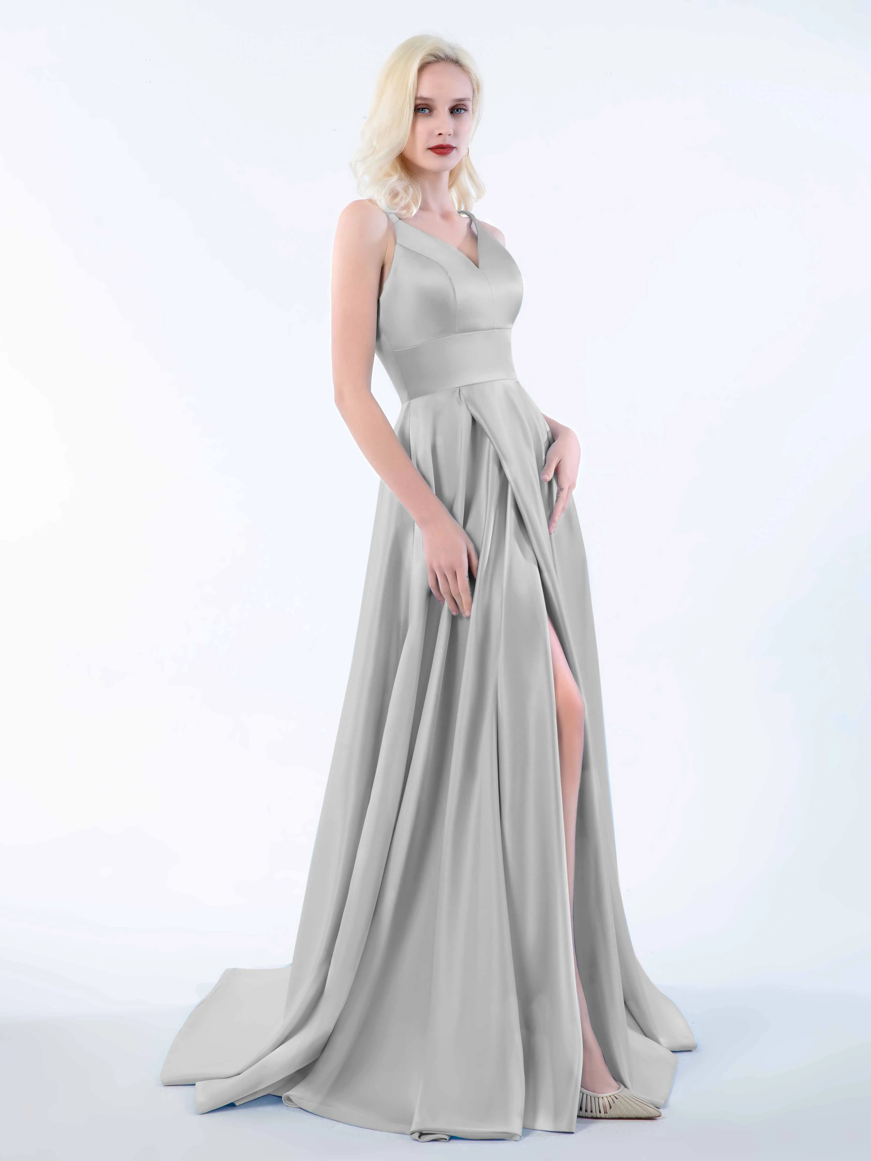 Molly Chic V Neck Slit Satin Dresses