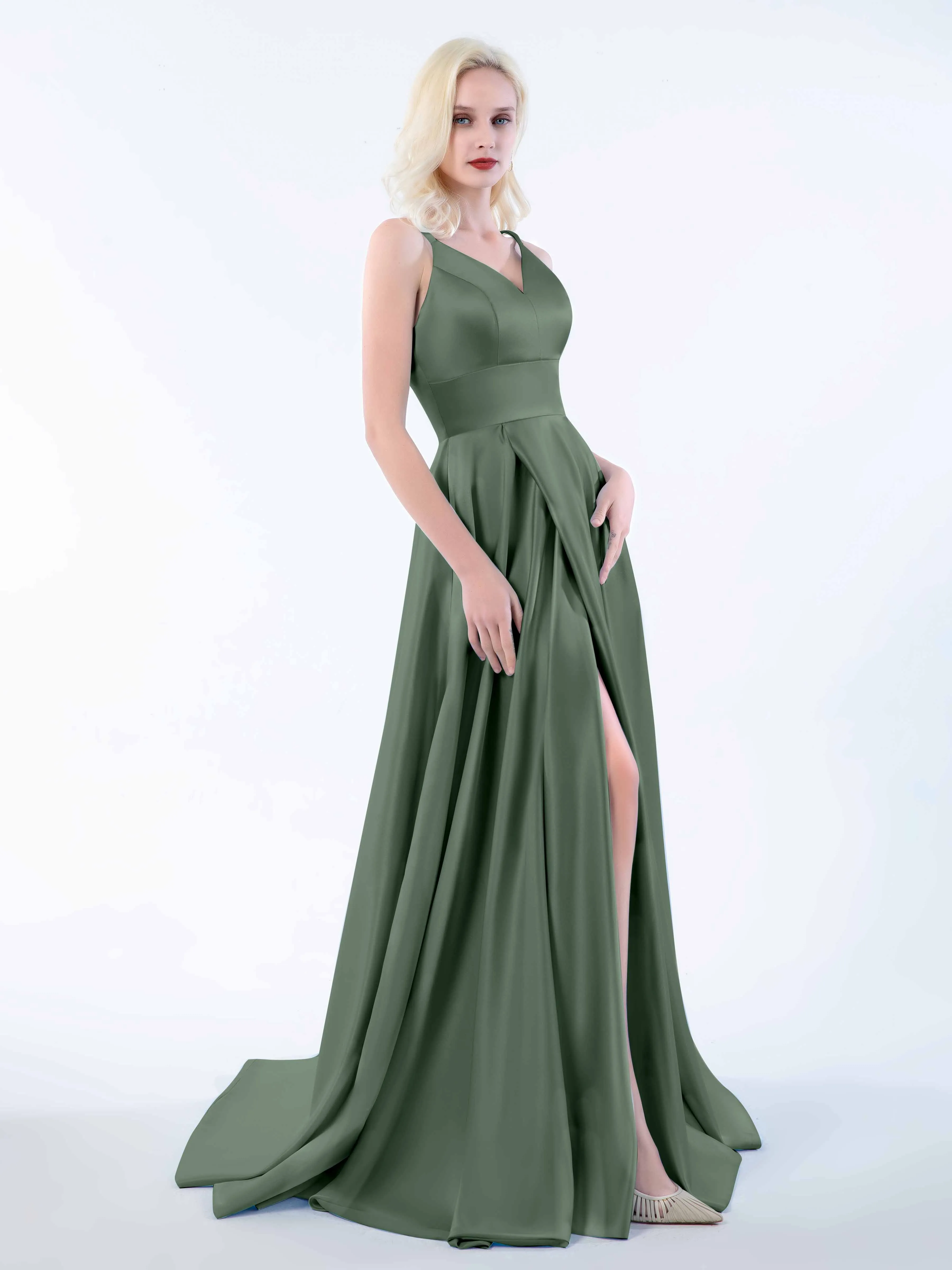 Molly Chic V Neck Slit Satin Dresses