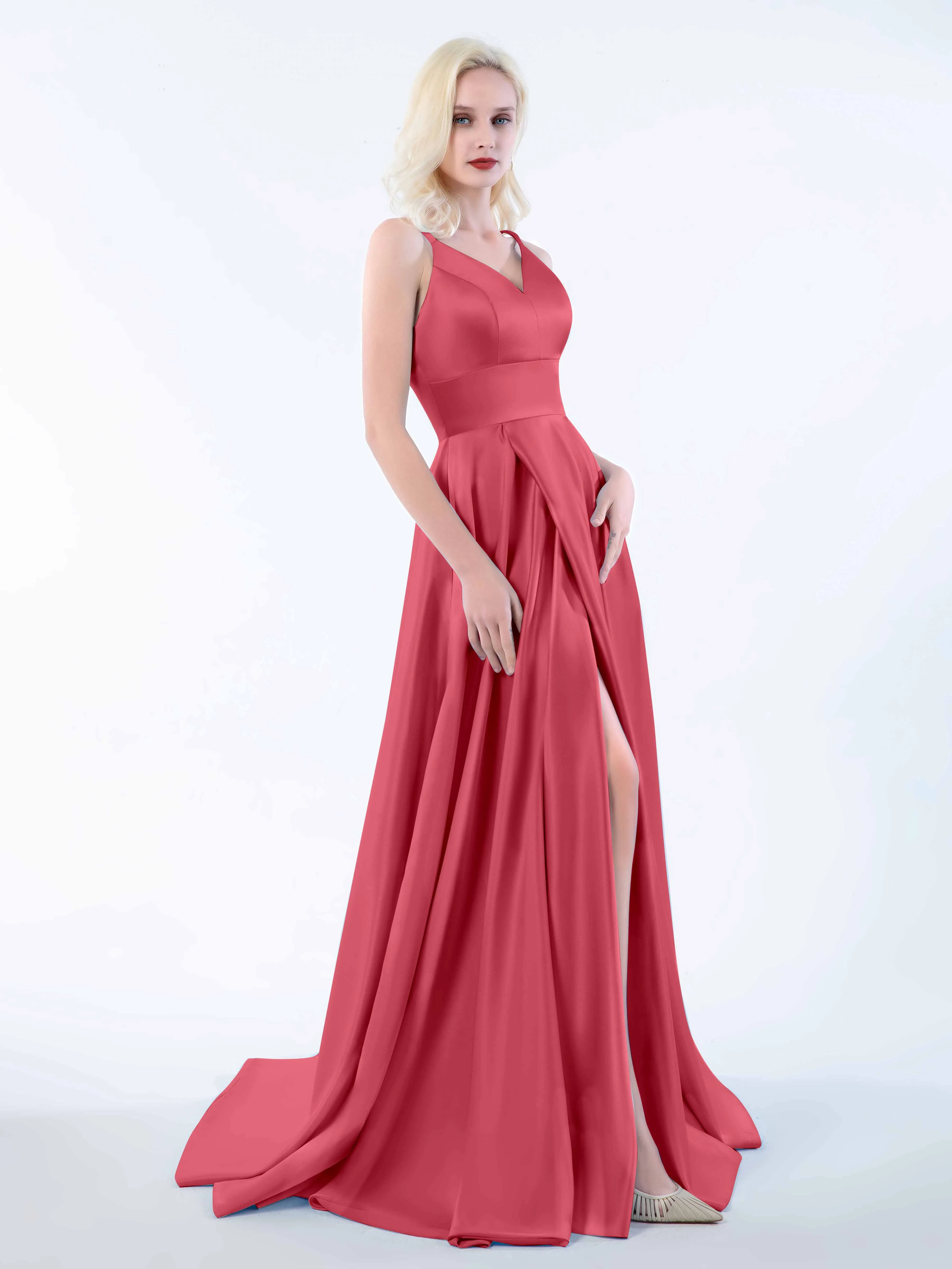 Molly Chic V Neck Slit Satin Dresses