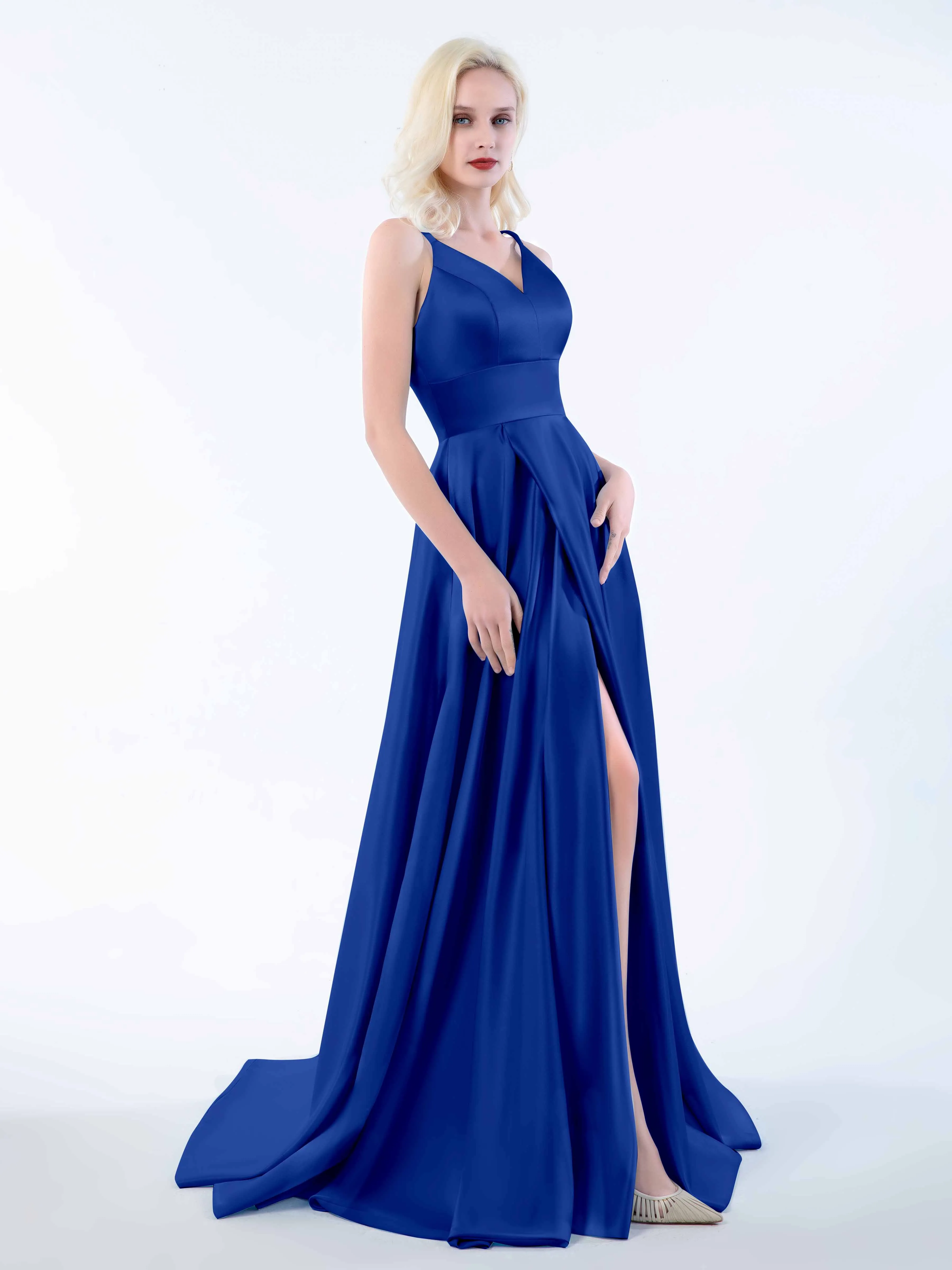 Molly Chic V Neck Slit Satin Dresses