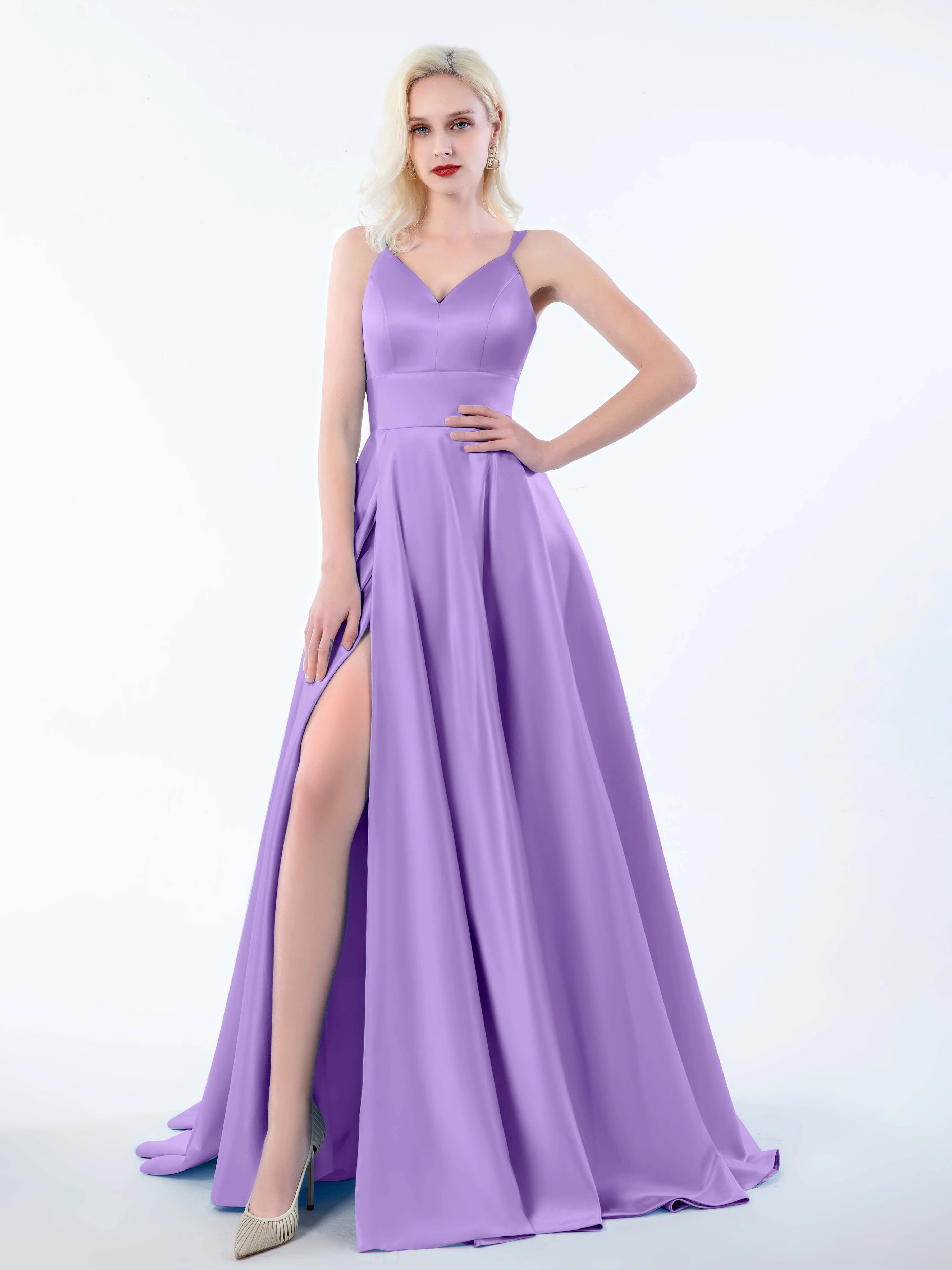 Molly Chic V Neck Slit Satin Dresses