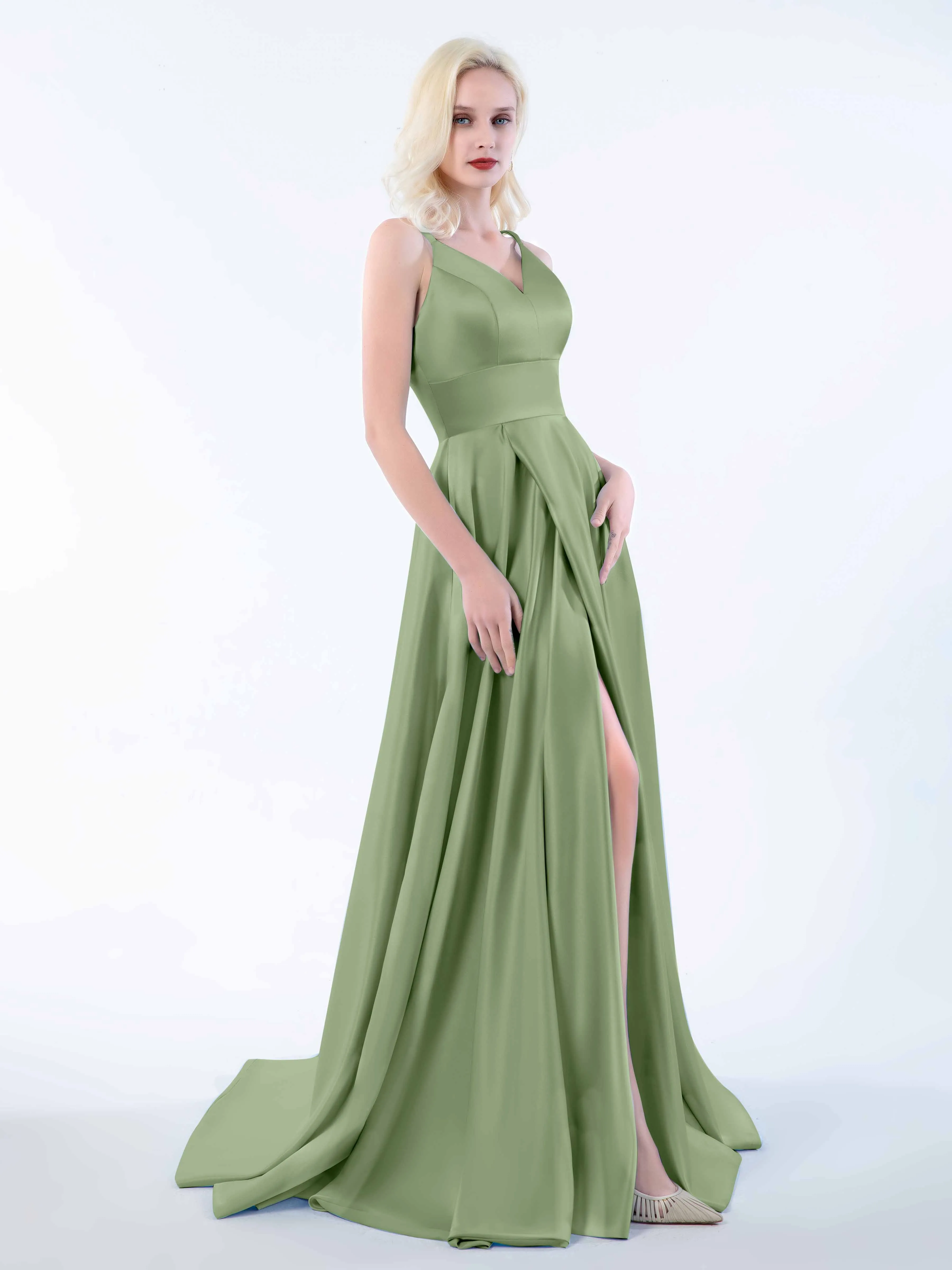 Molly Chic V Neck Slit Satin Dresses