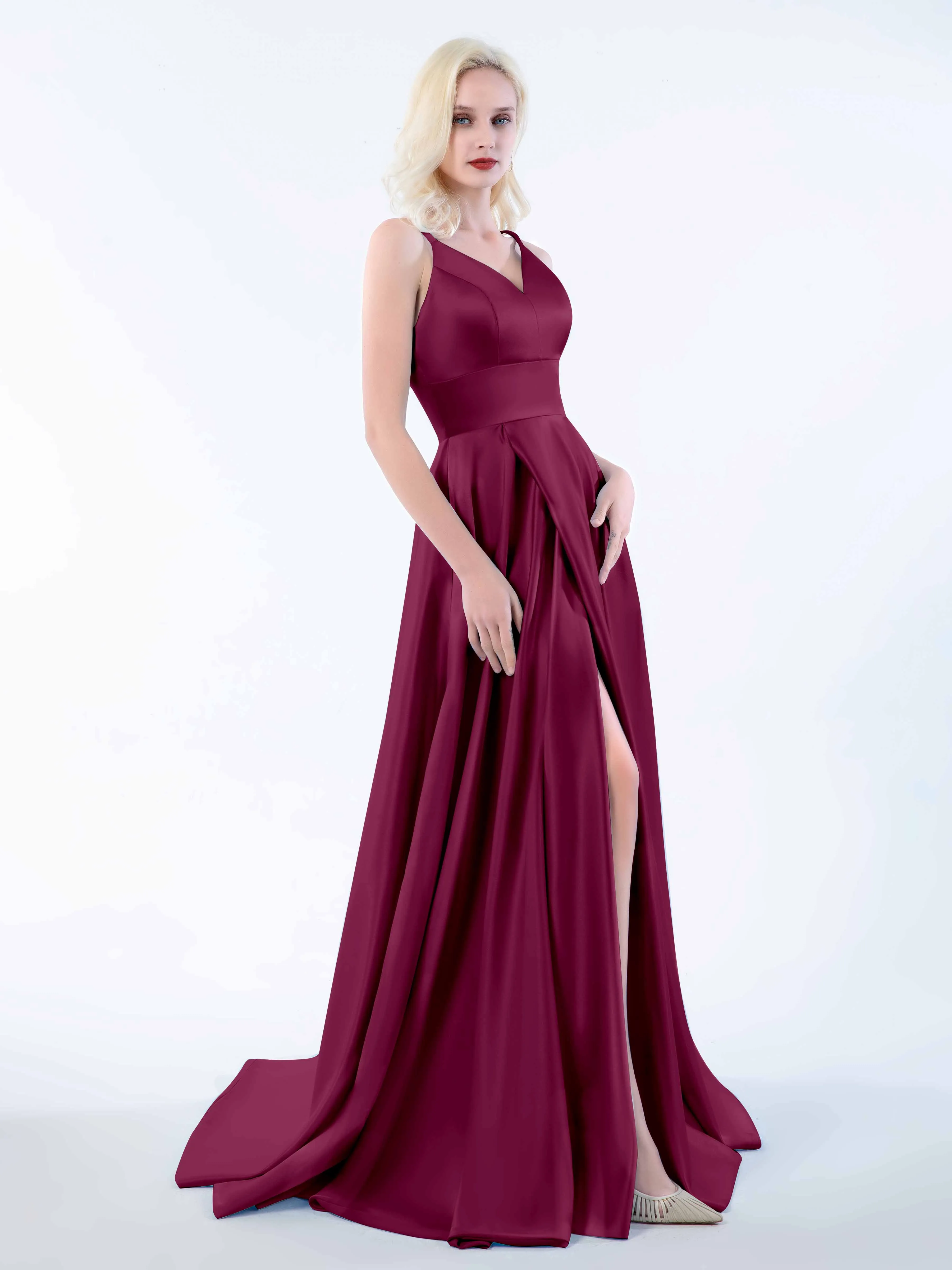 Molly Chic V Neck Slit Satin Dresses