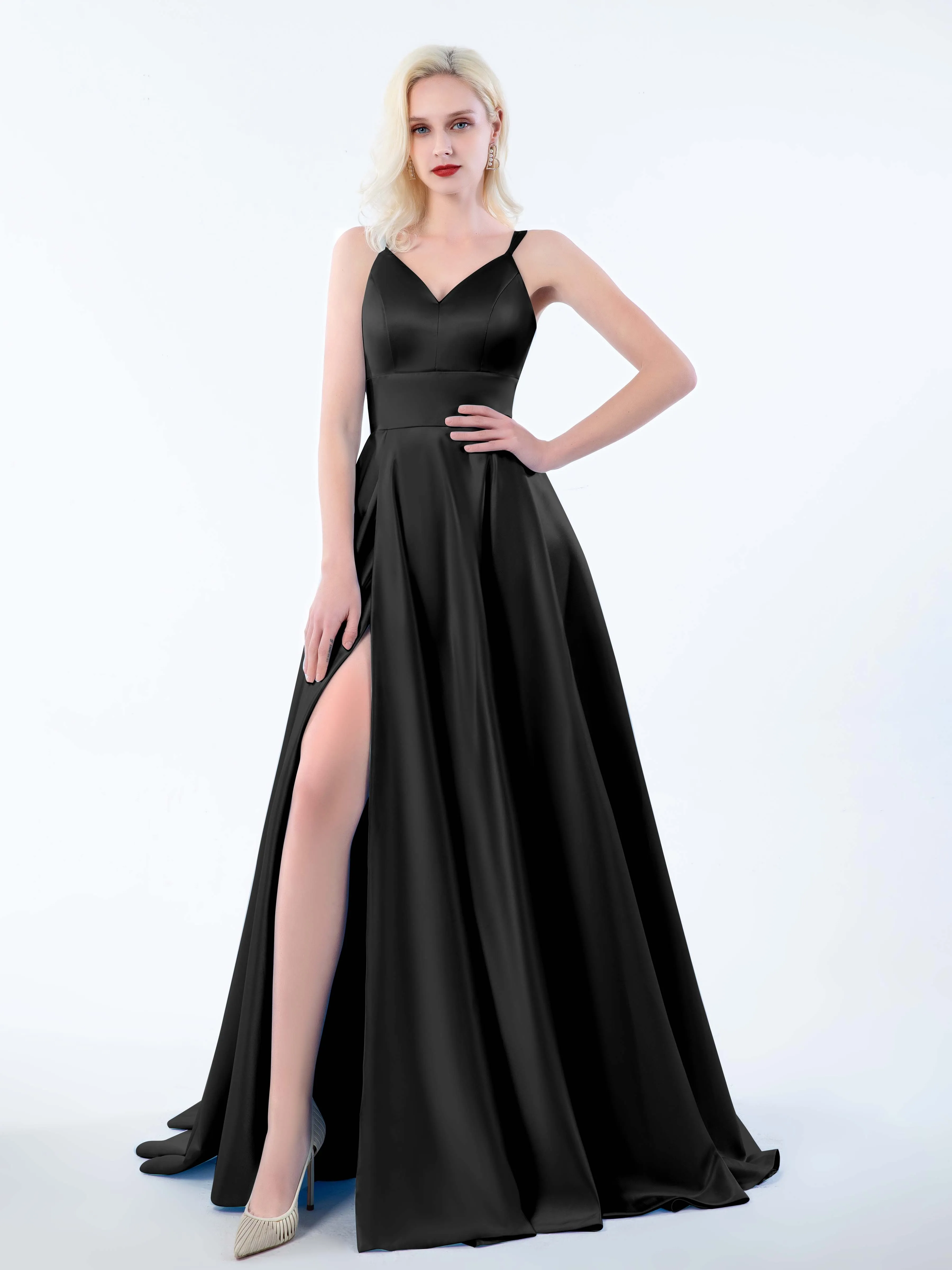 Molly Chic V Neck Slit Satin Dresses