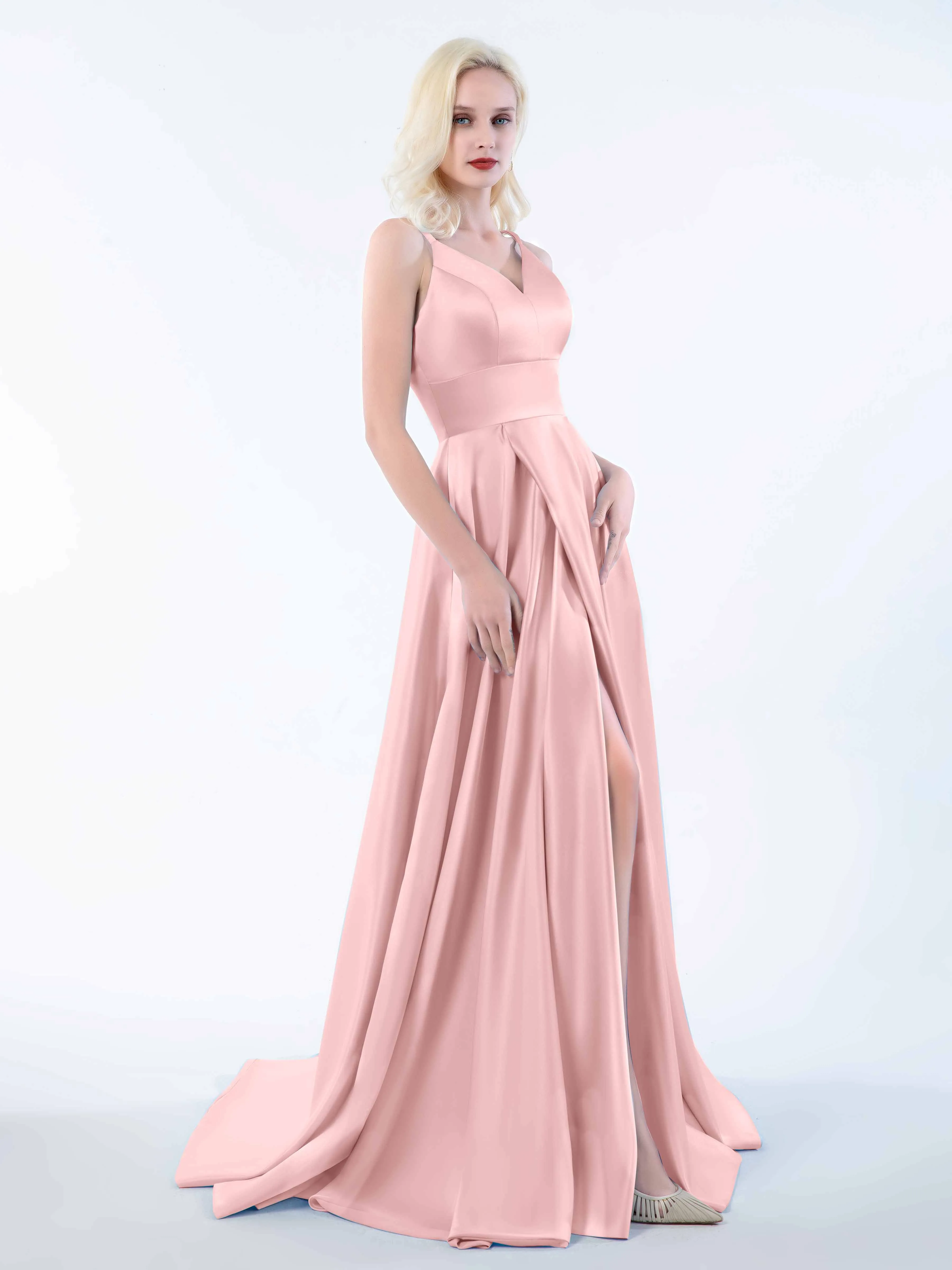 Molly Chic V Neck Slit Satin Dresses