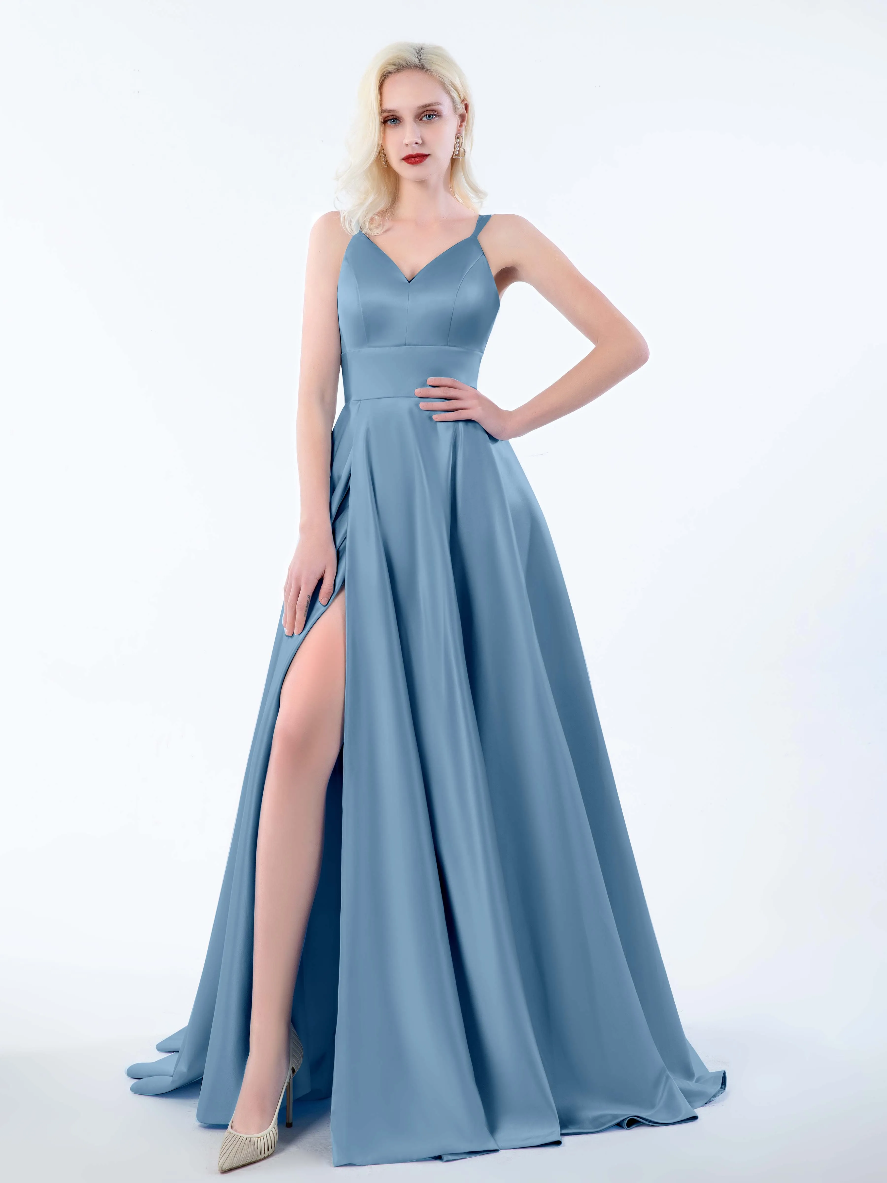 Molly Chic V Neck Slit Satin Dresses
