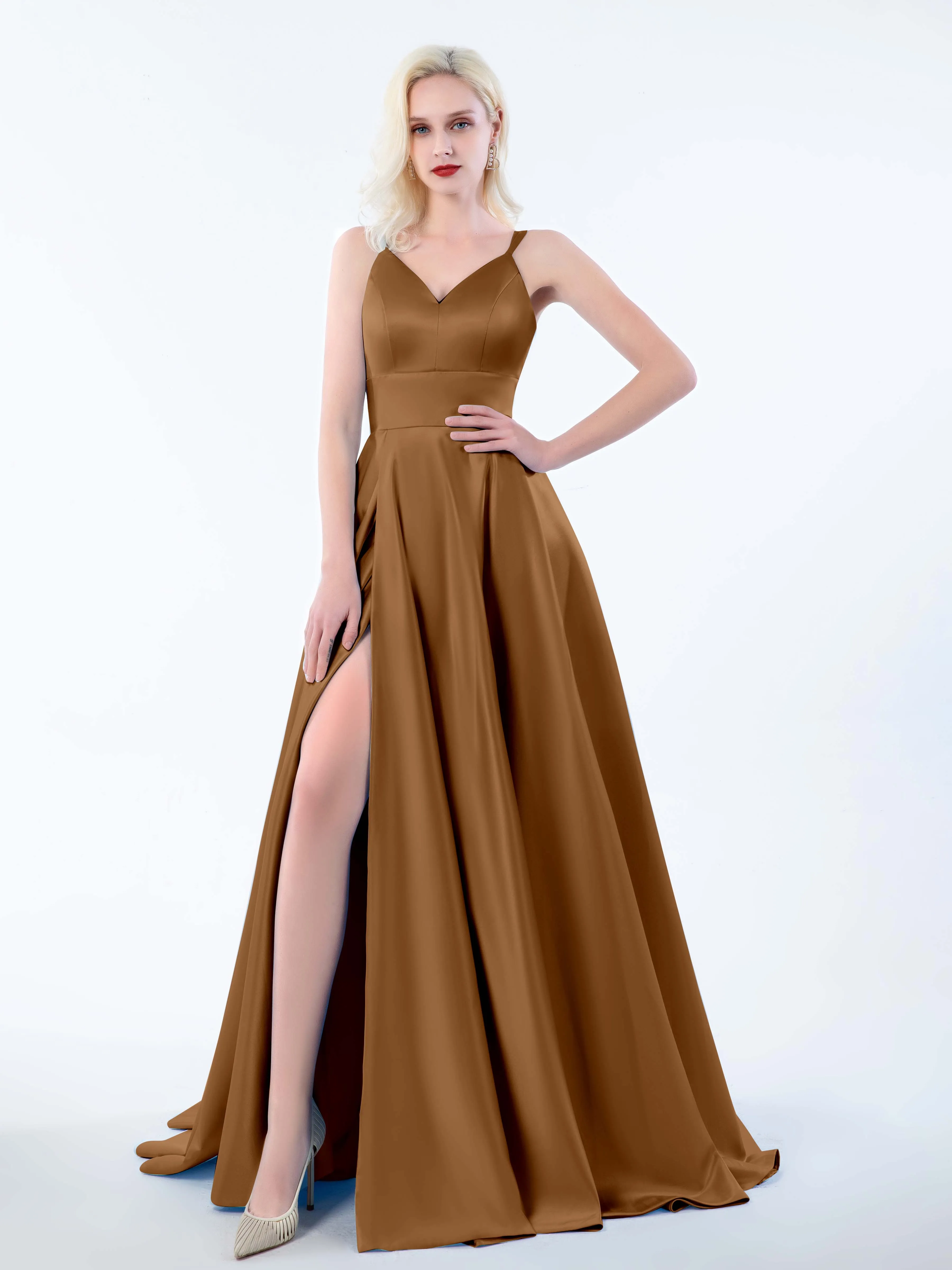 Molly Chic V Neck Slit Satin Dresses