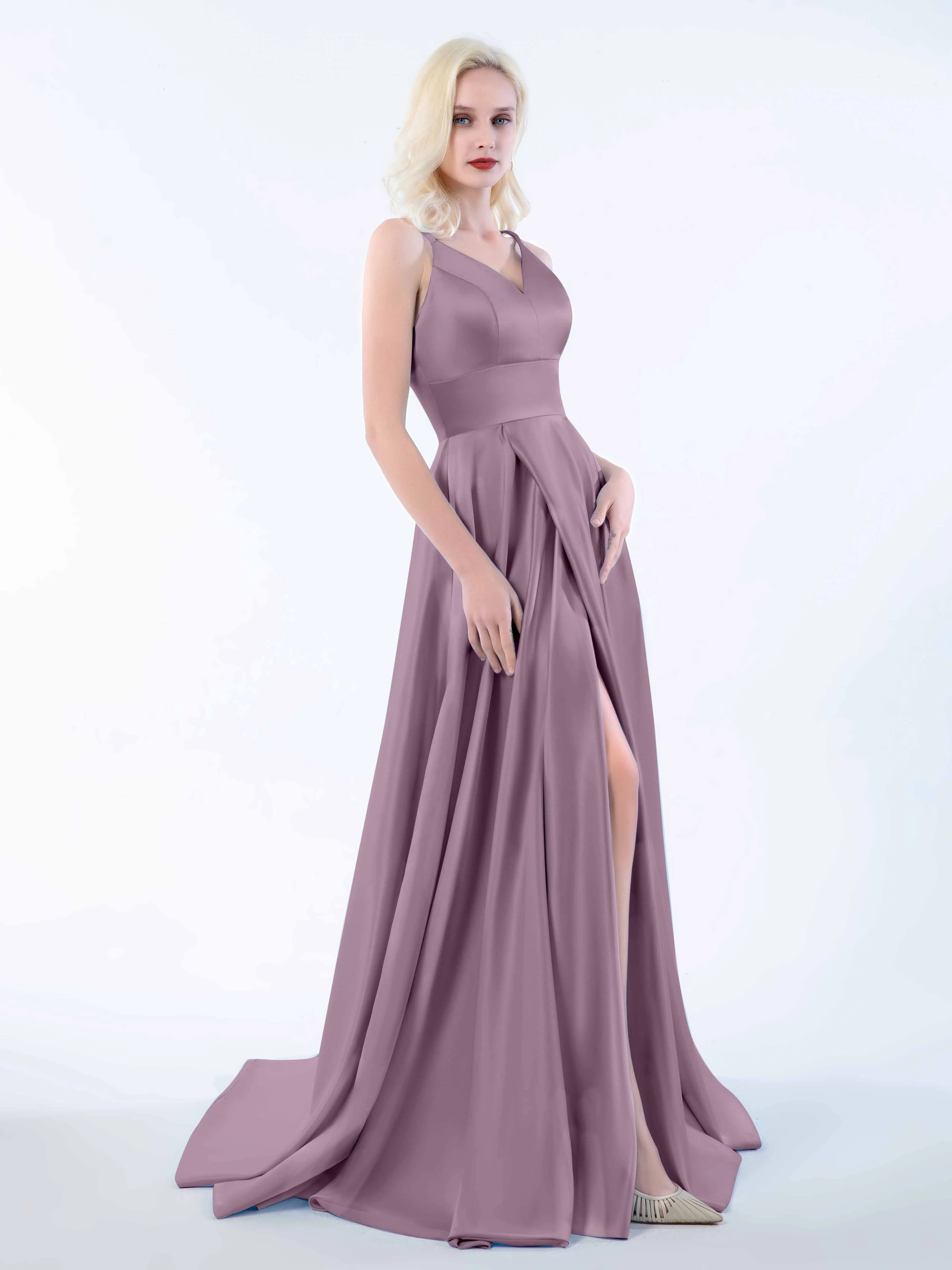 Molly Chic V Neck Slit Satin Dresses