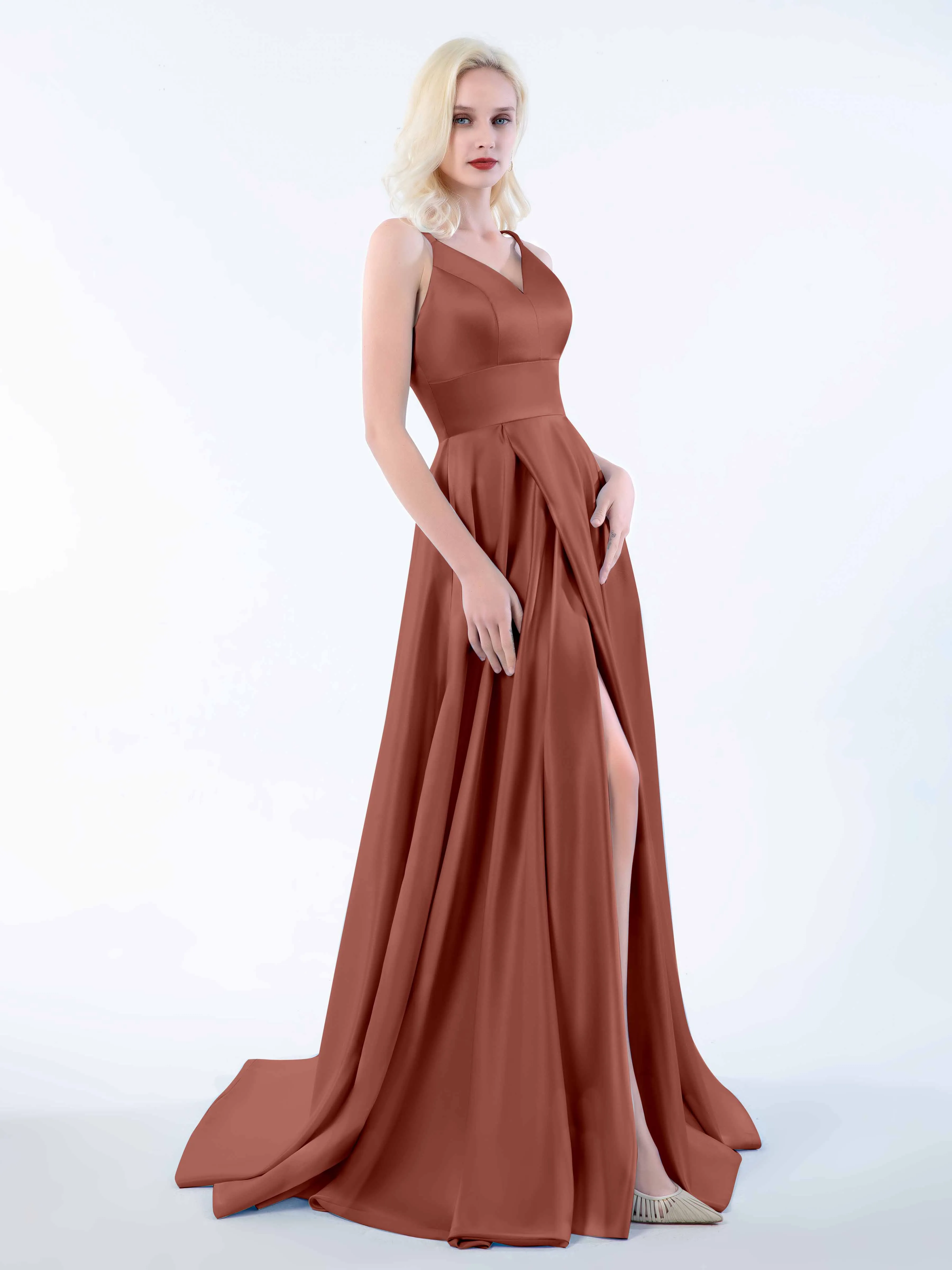 Molly Chic V Neck Slit Satin Dresses