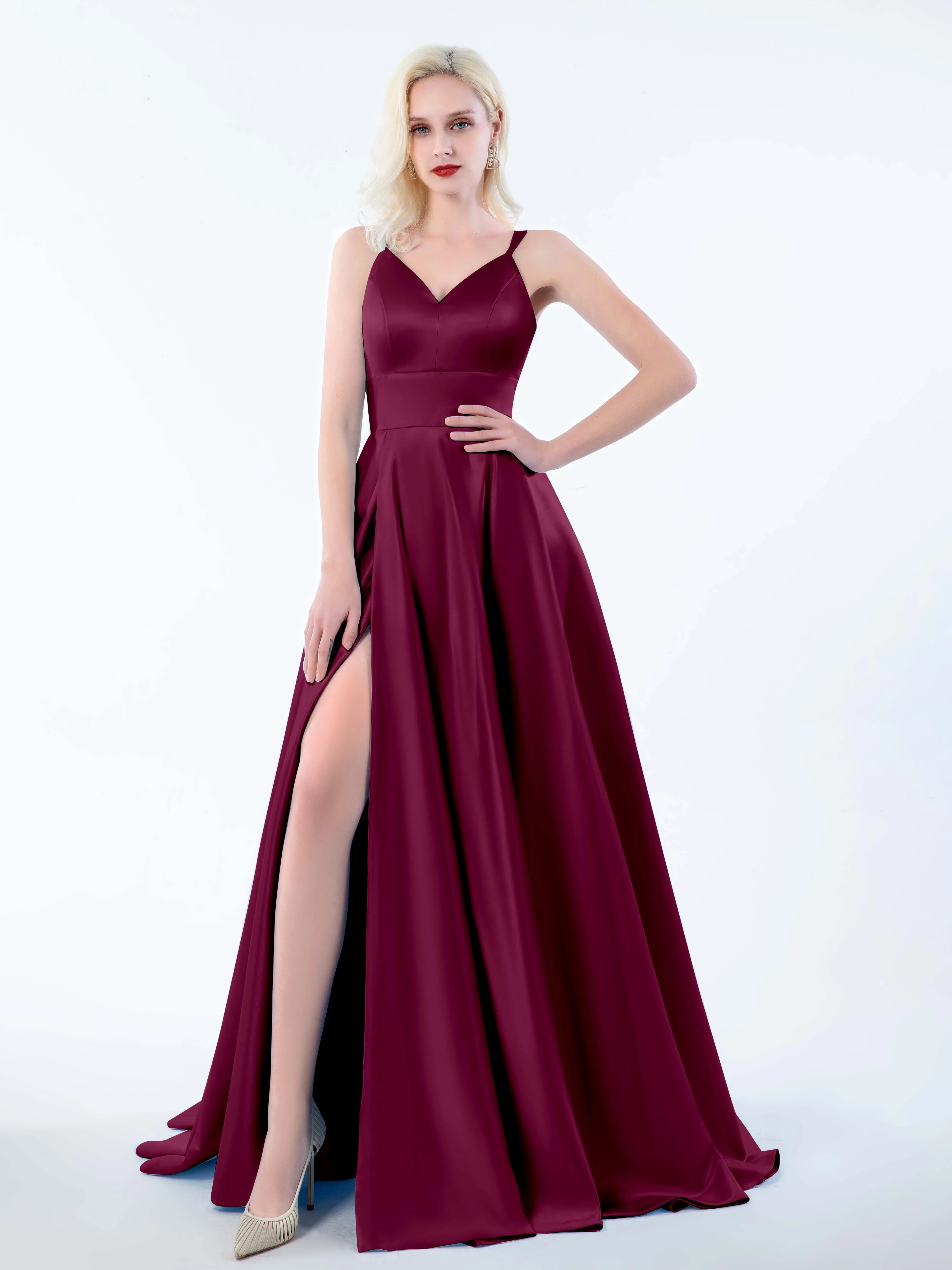 Molly Chic V Neck Slit Satin Dresses