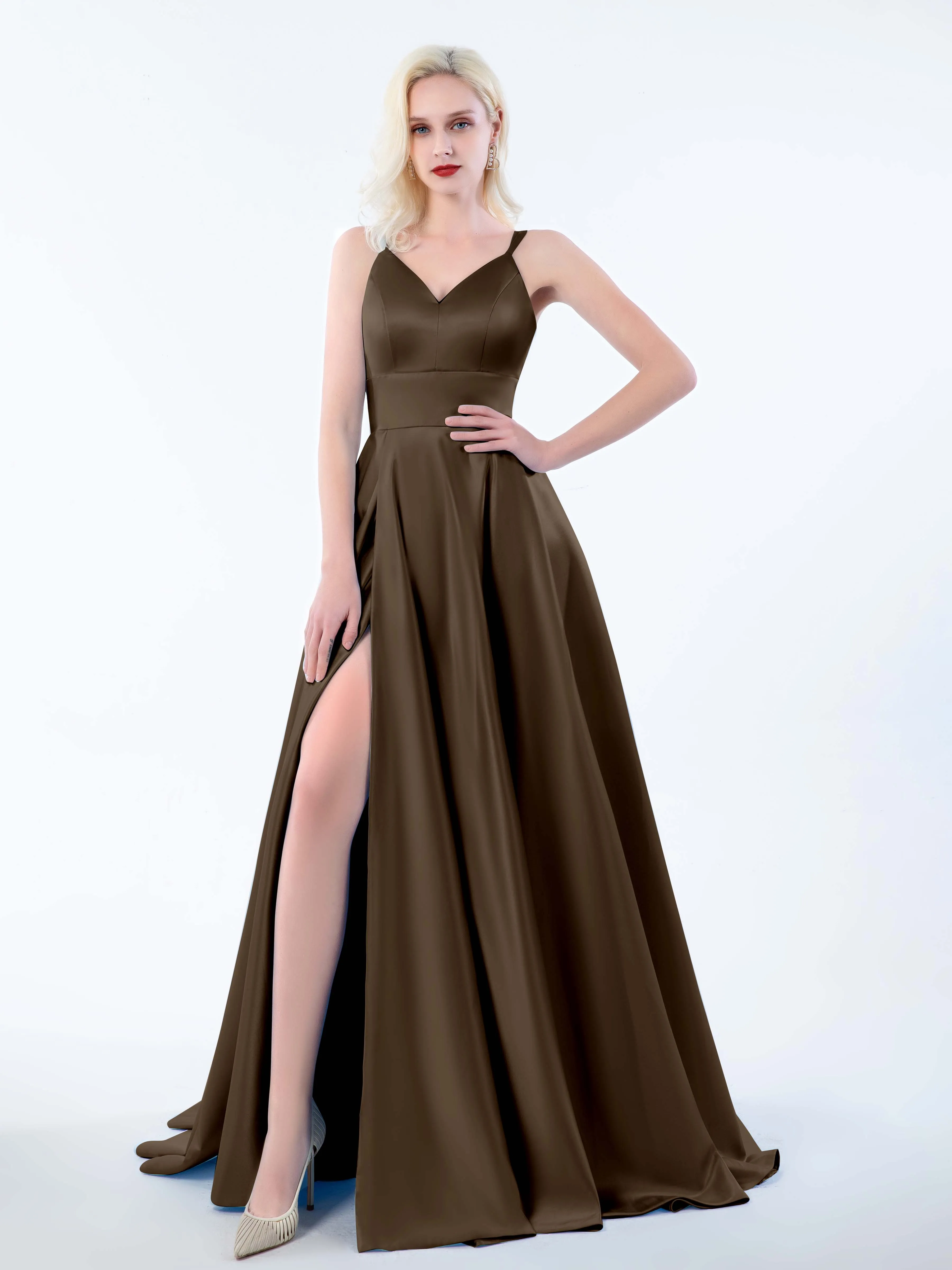 Molly Chic V Neck Slit Satin Dresses