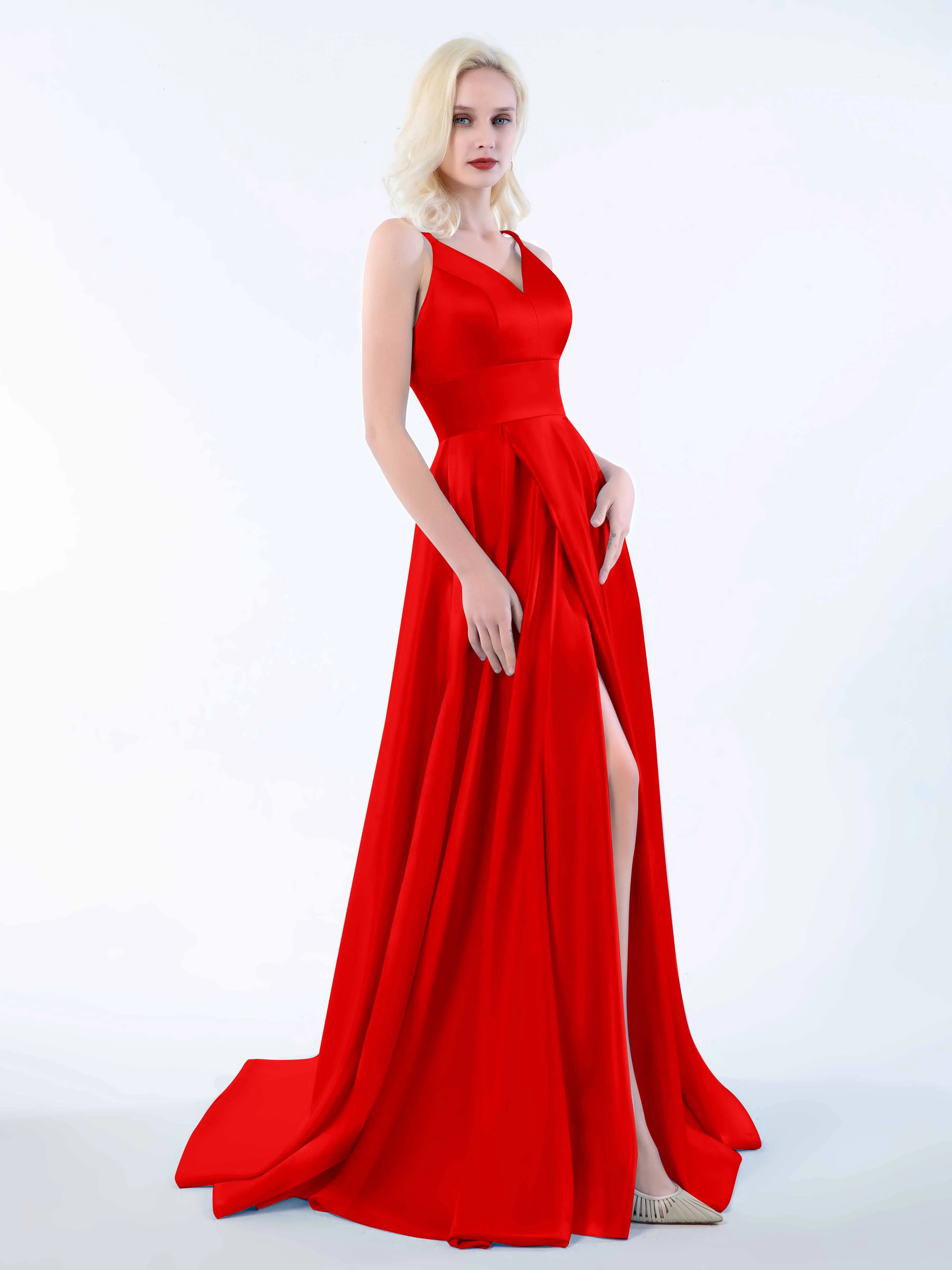 Molly Chic V Neck Slit Satin Dresses