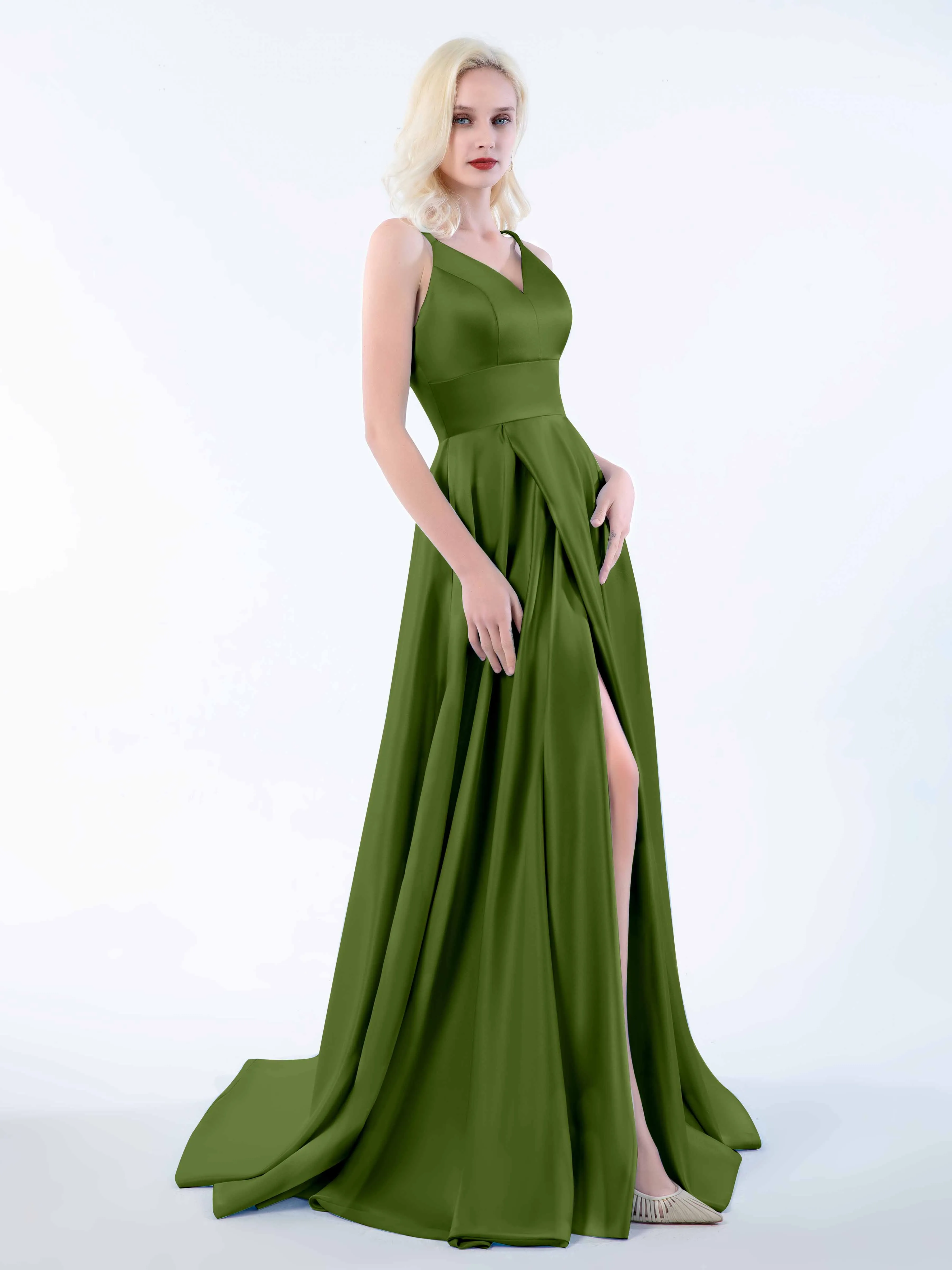 Molly Chic V Neck Slit Satin Dresses