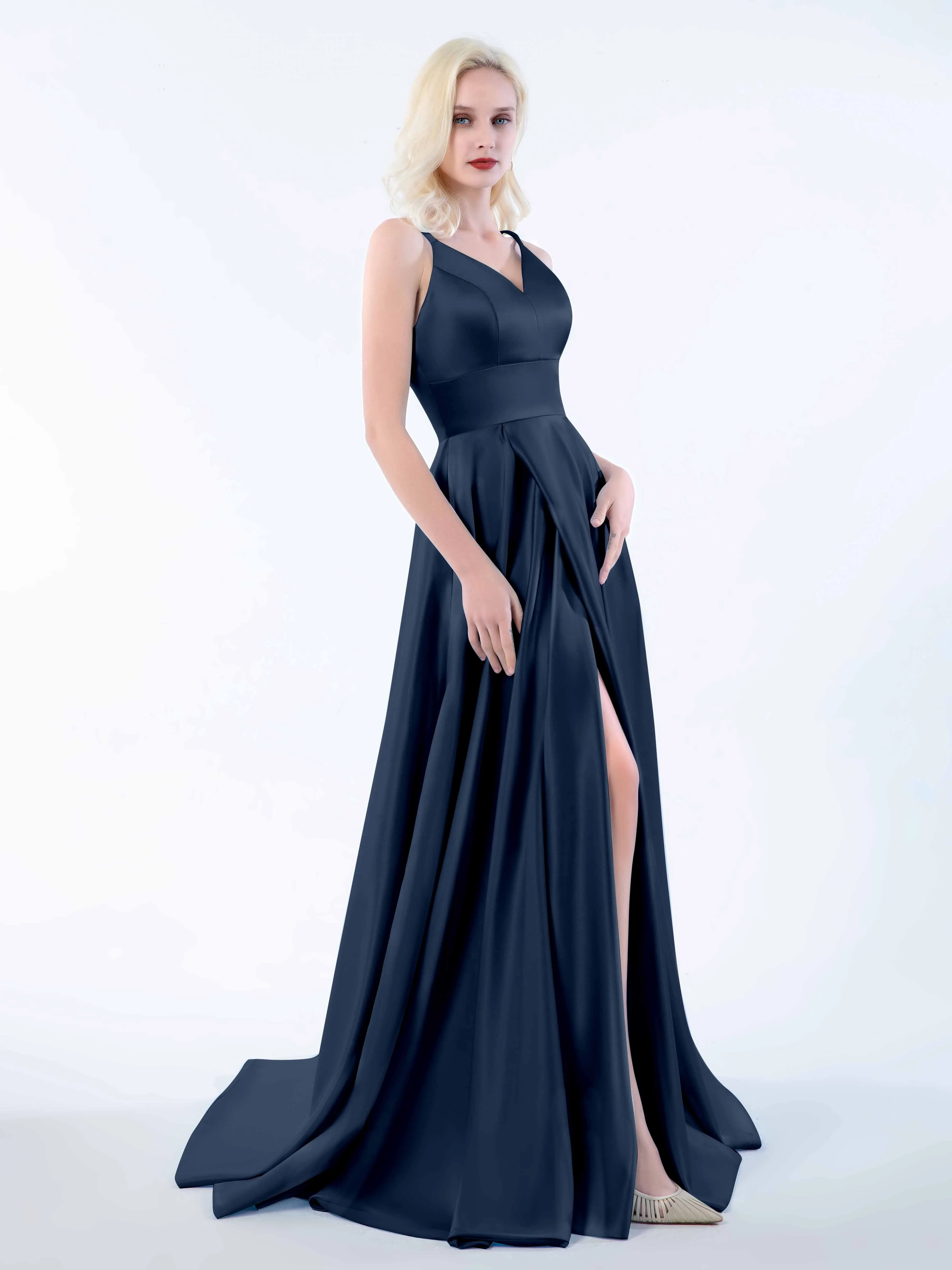 Molly Chic V Neck Slit Satin Dresses