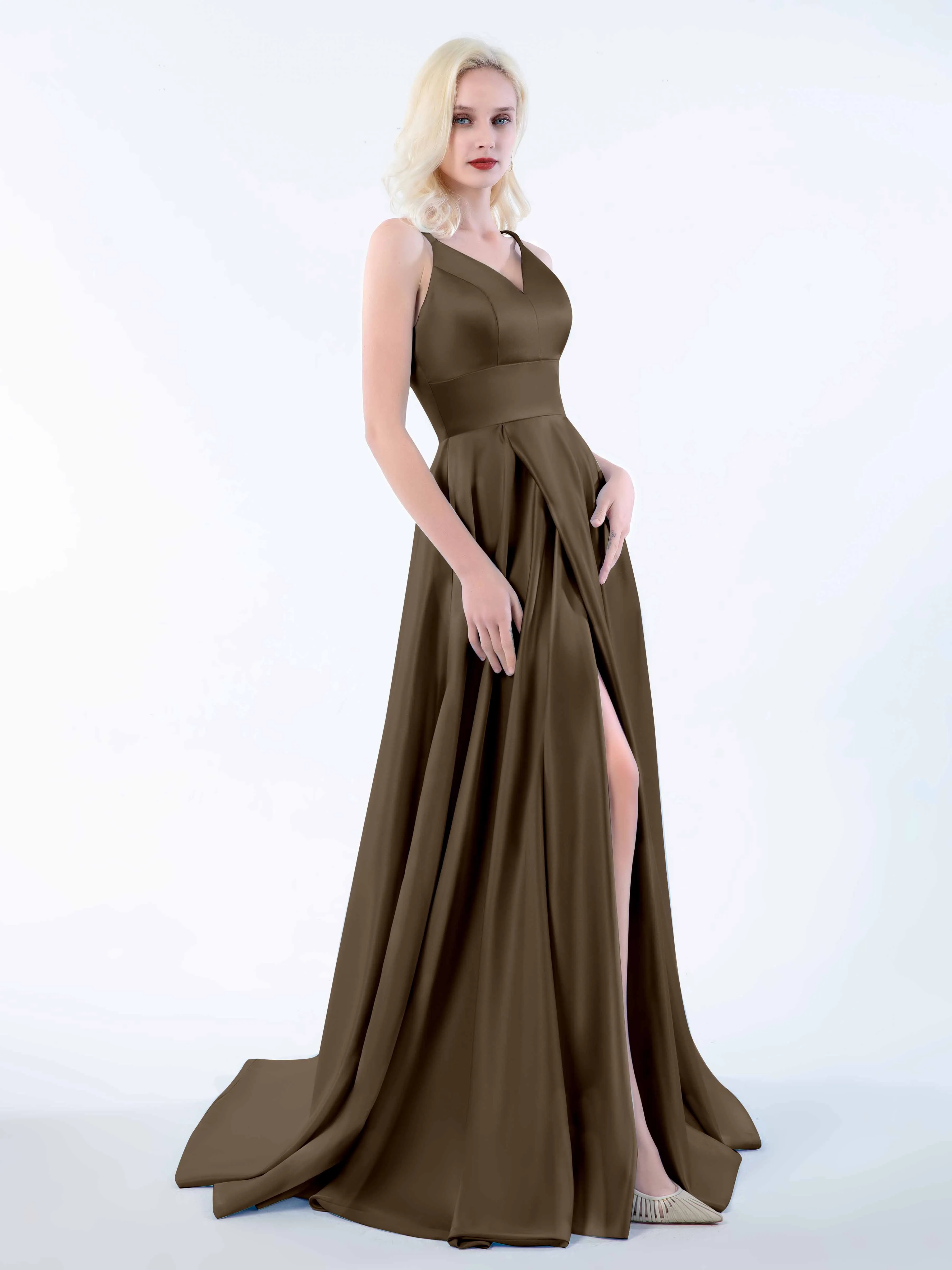 Molly Chic V Neck Slit Satin Dresses