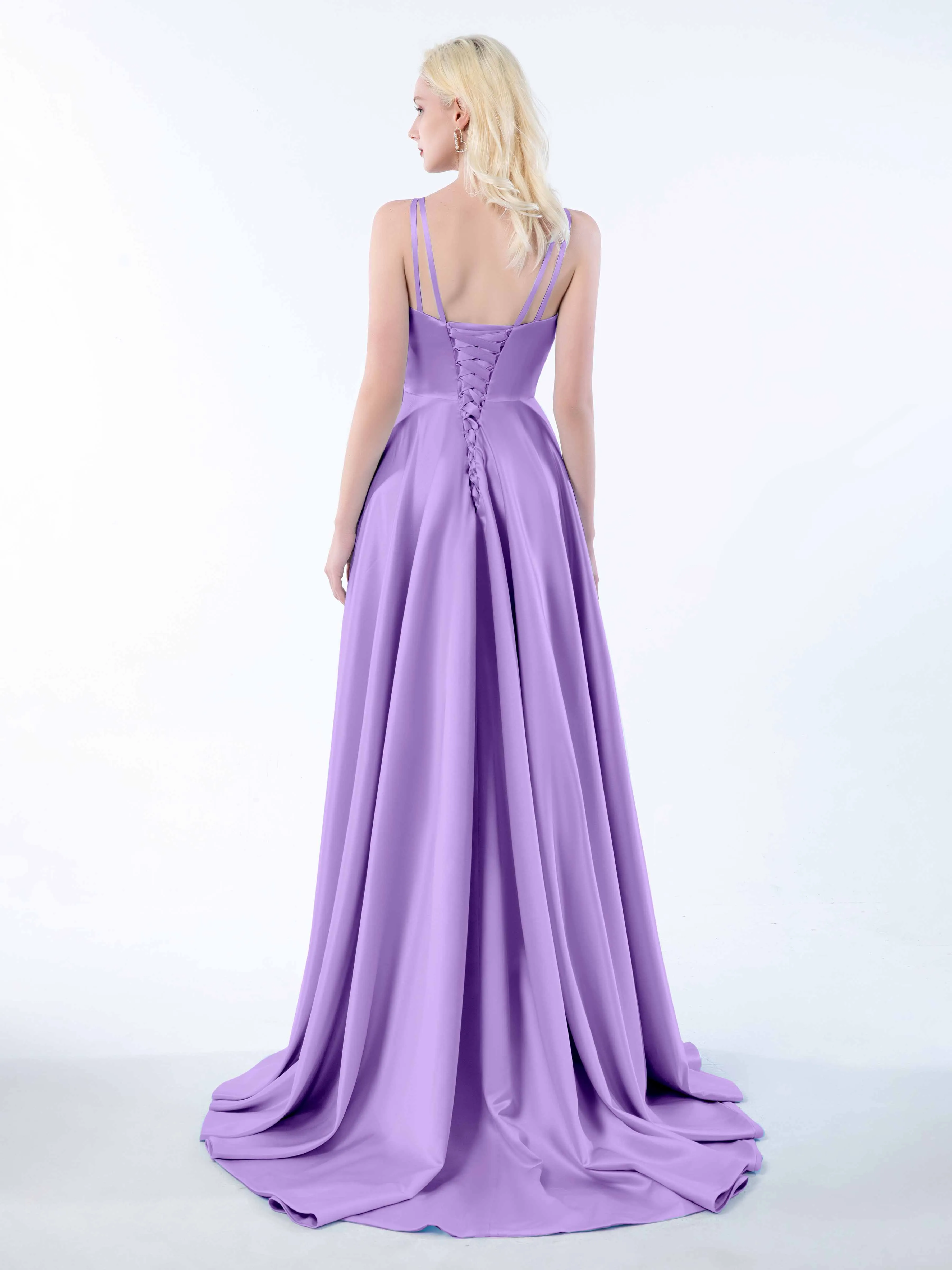 Molly Chic V Neck Slit Satin Dresses