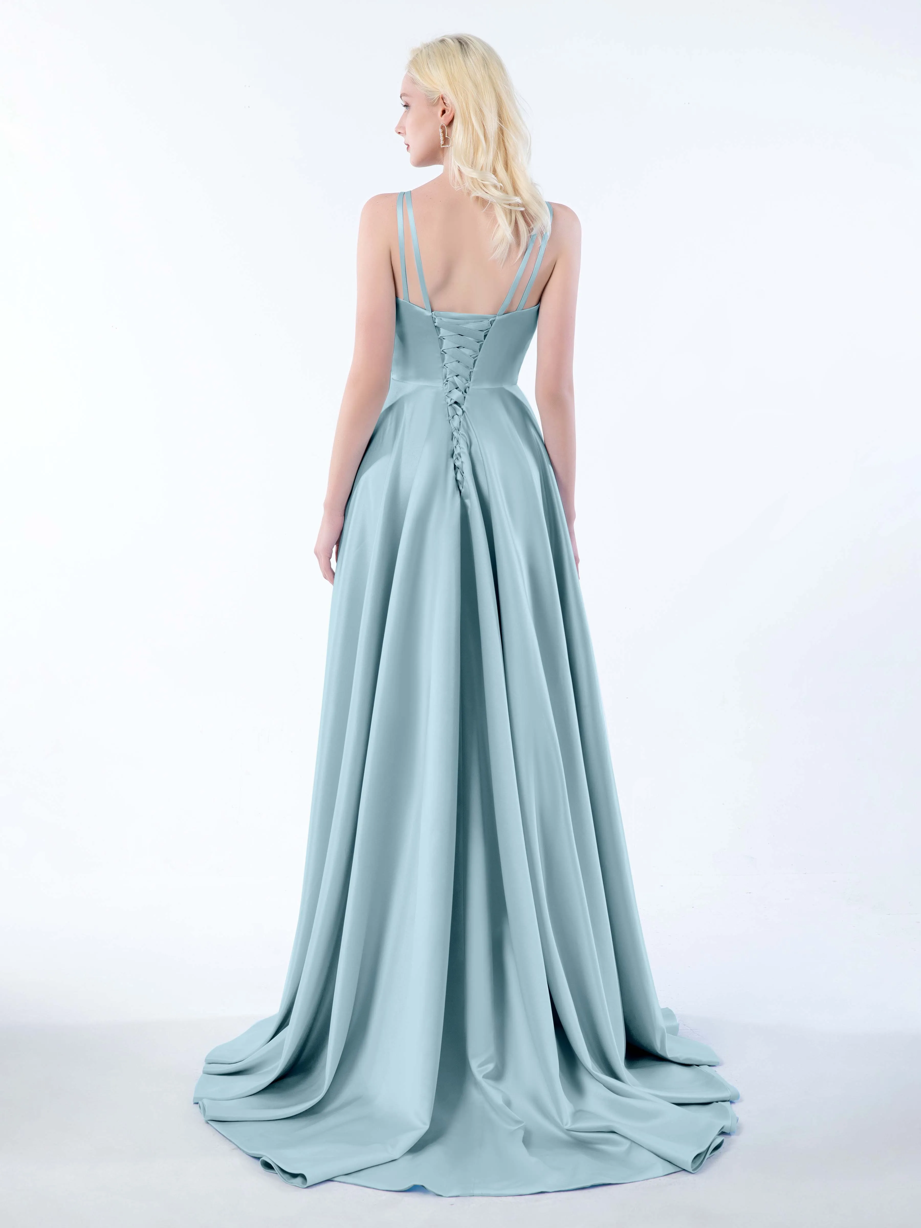Molly Chic V Neck Slit Satin Dresses