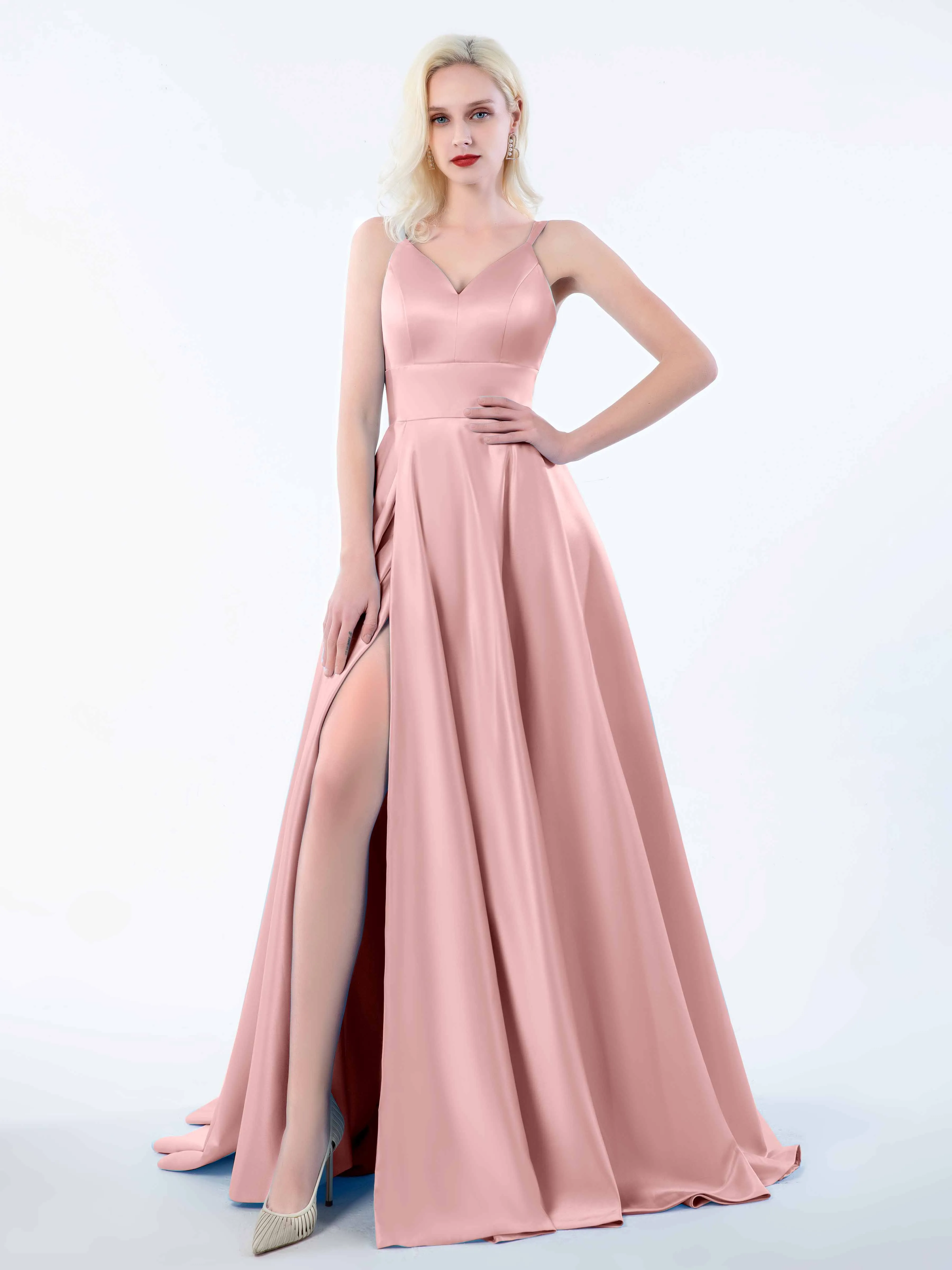 Molly Chic V Neck Slit Satin Dresses