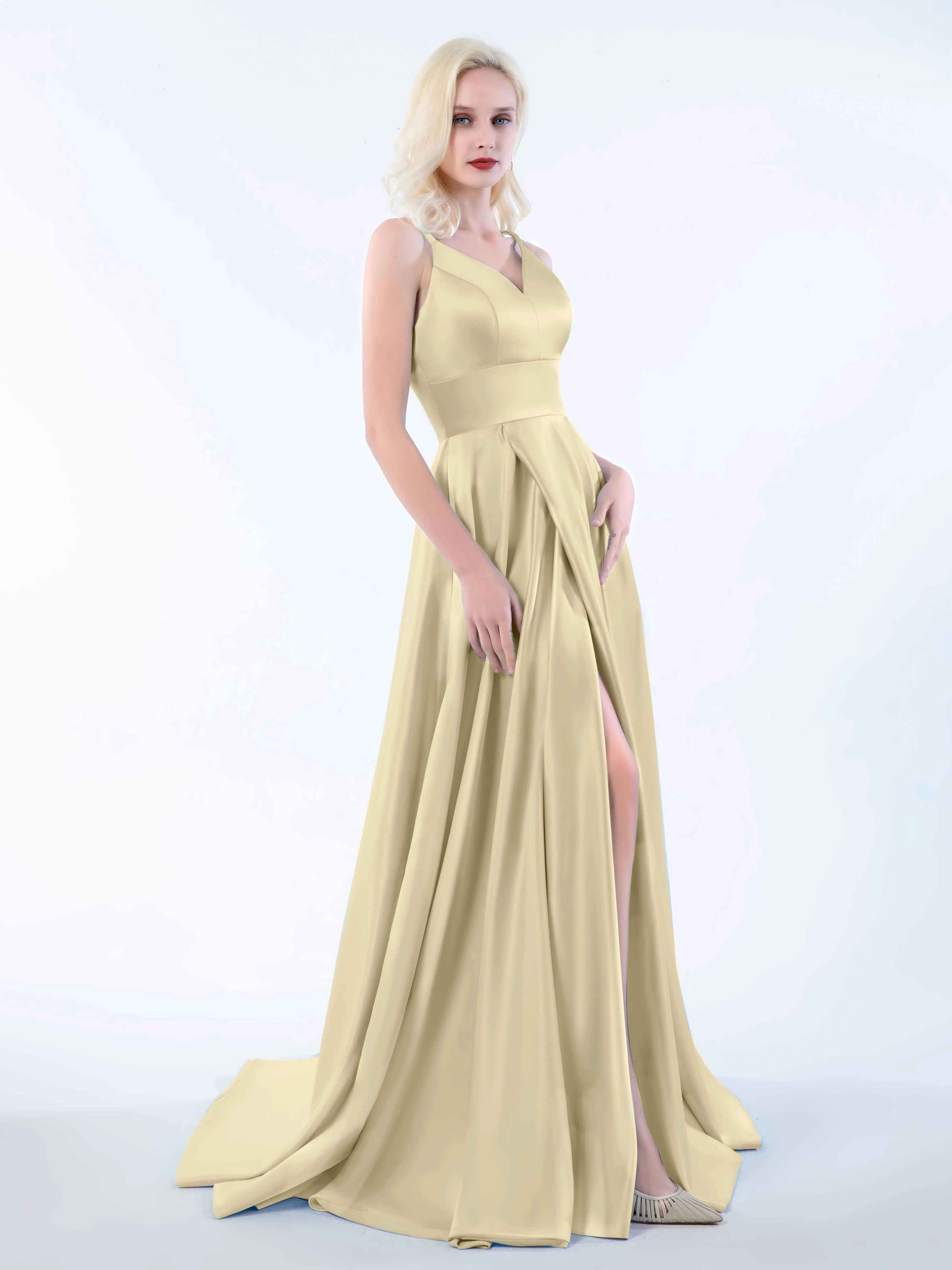 Molly Chic V Neck Slit Satin Dresses