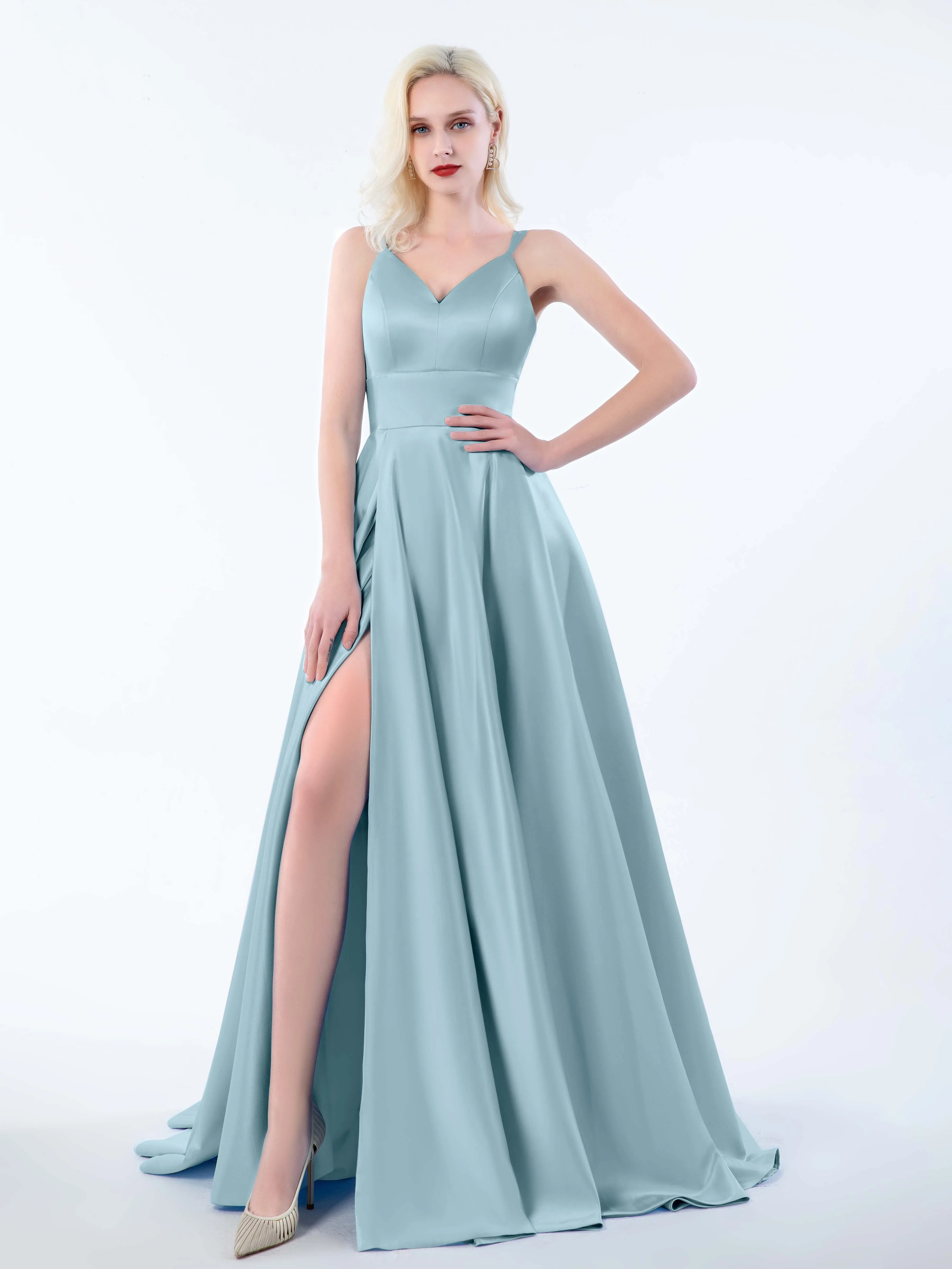 Molly Chic V Neck Slit Satin Dresses