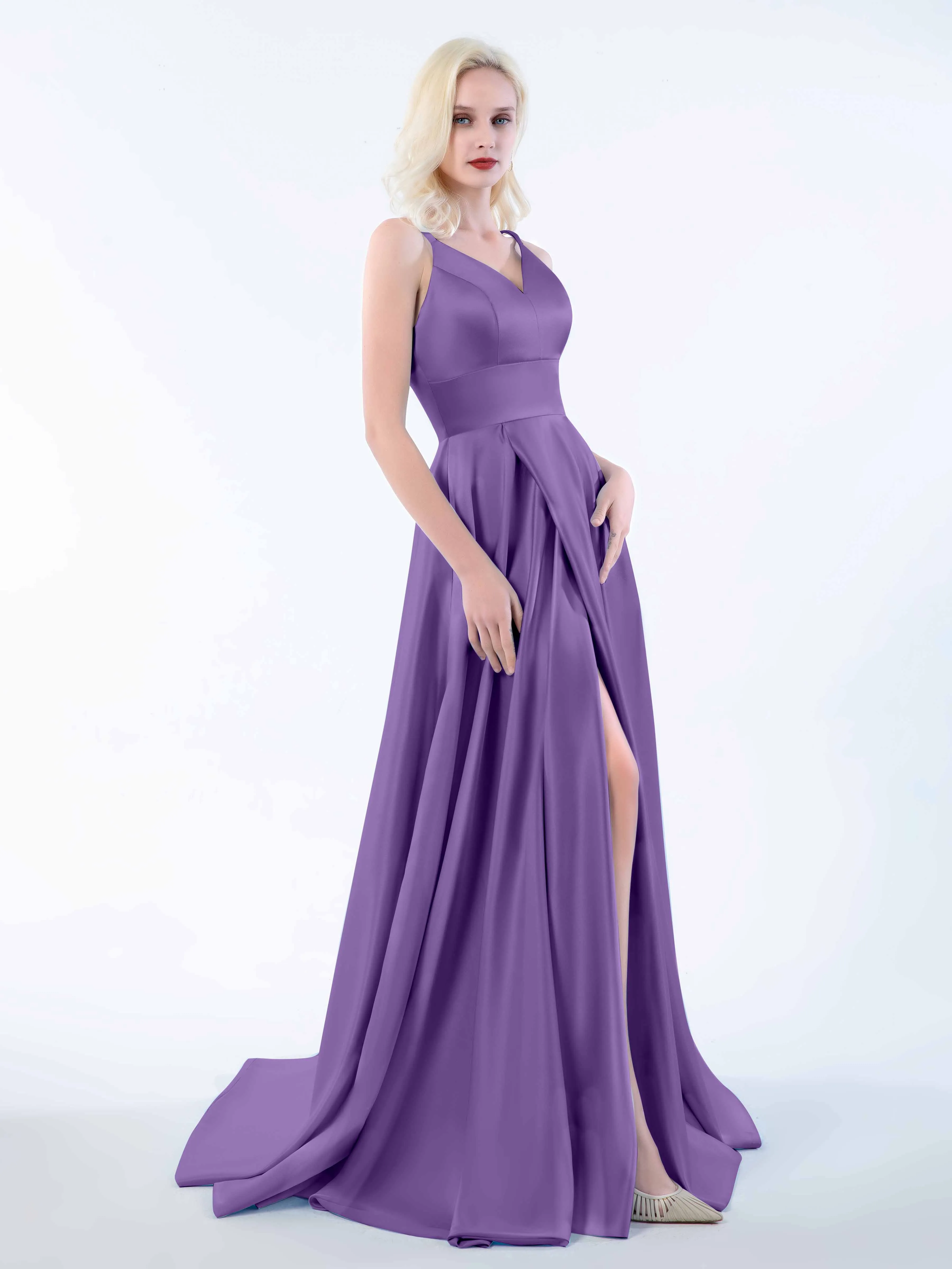 Molly Chic V Neck Slit Satin Dresses