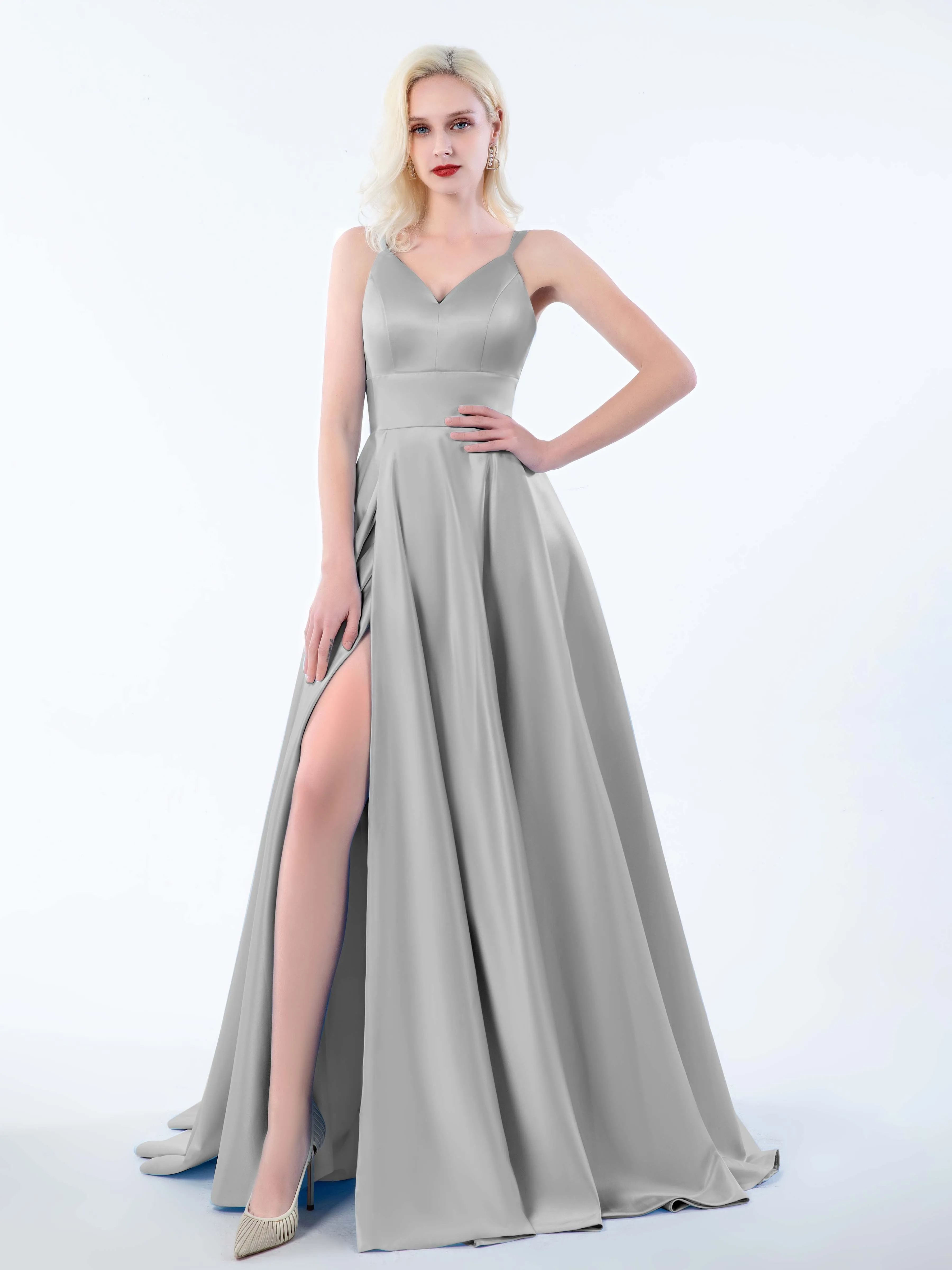 Molly Chic V Neck Slit Satin Dresses