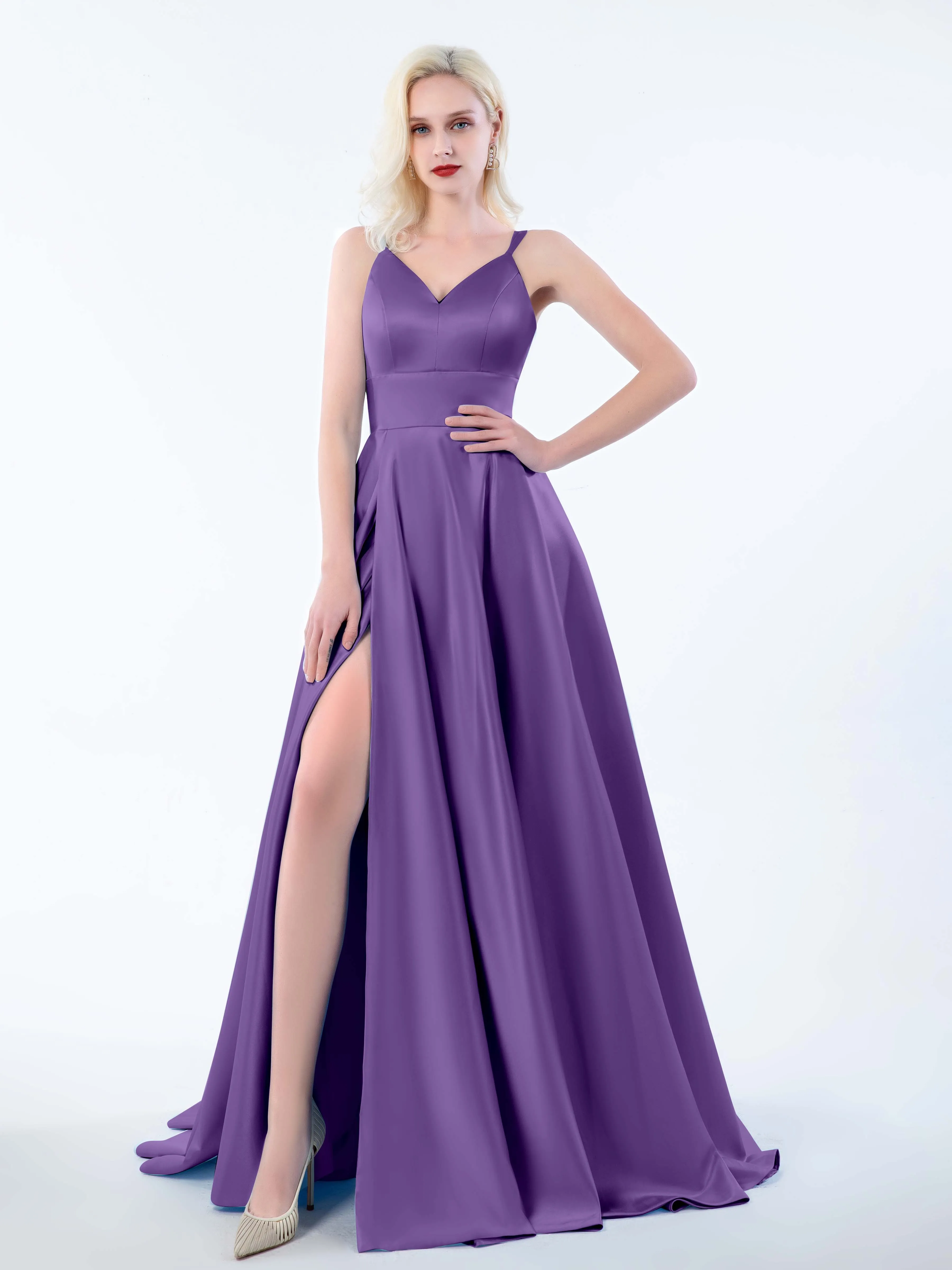 Molly Chic V Neck Slit Satin Dresses