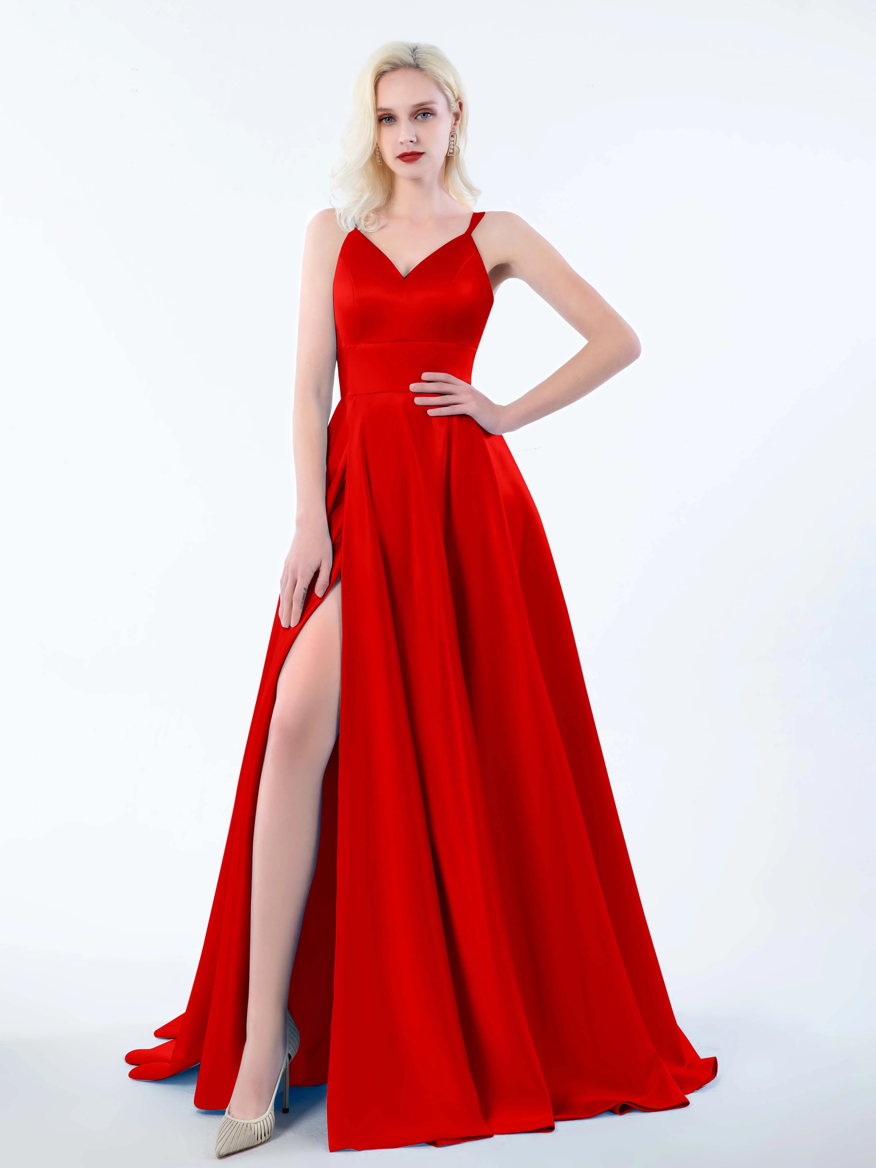 Molly Chic V Neck Slit Satin Dresses
