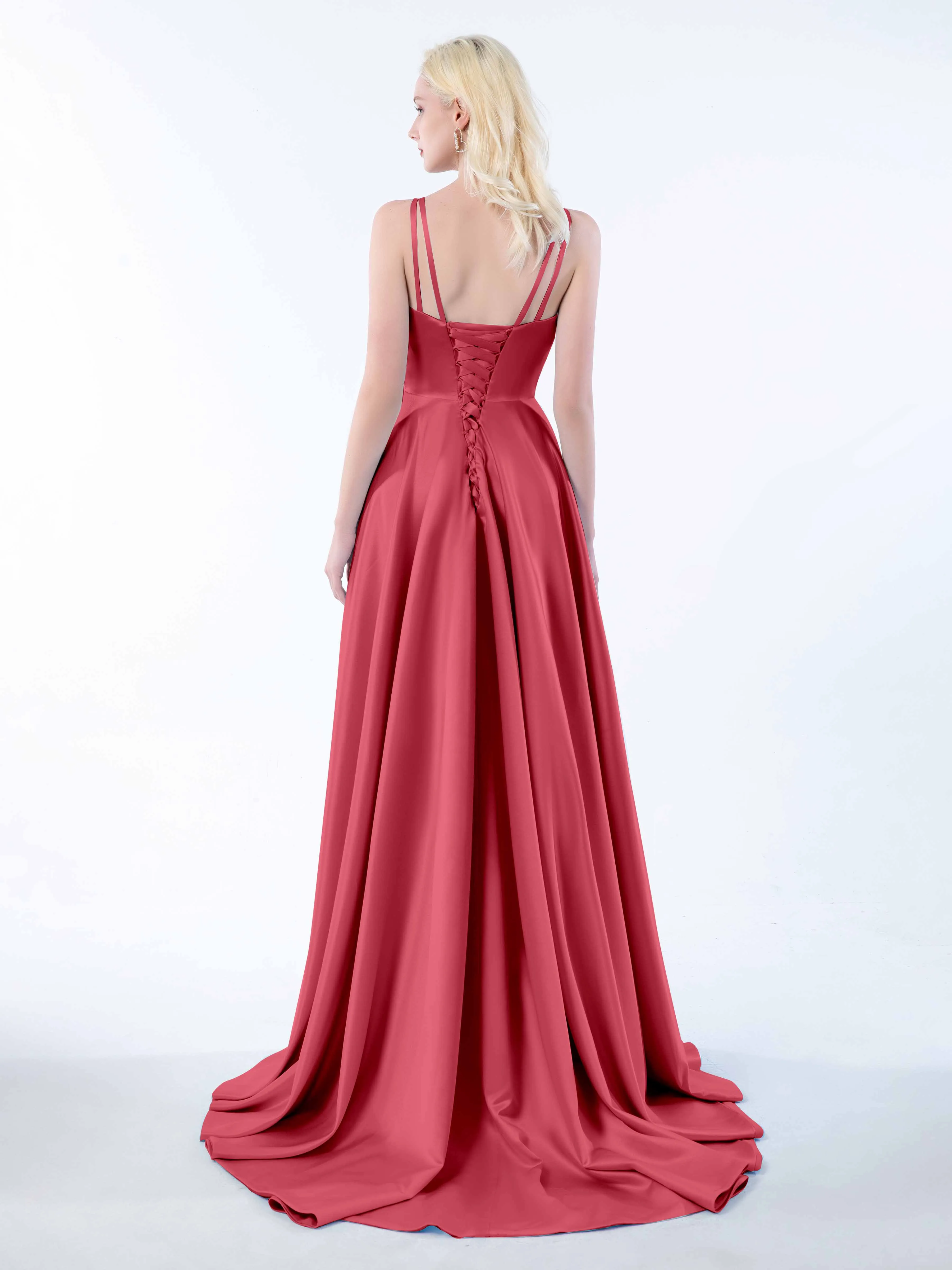 Molly Chic V Neck Slit Satin Dresses
