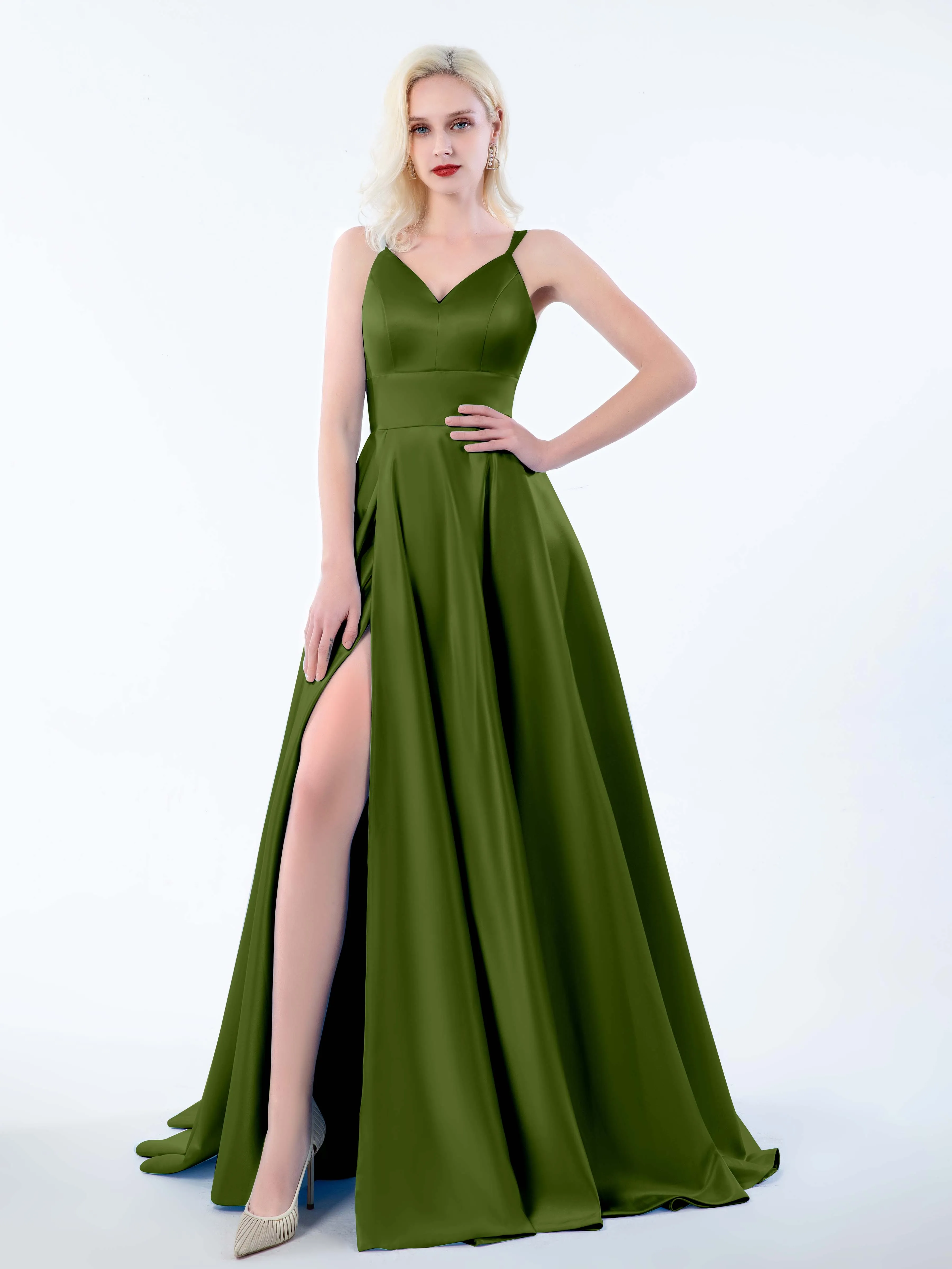 Molly Chic V Neck Slit Satin Dresses