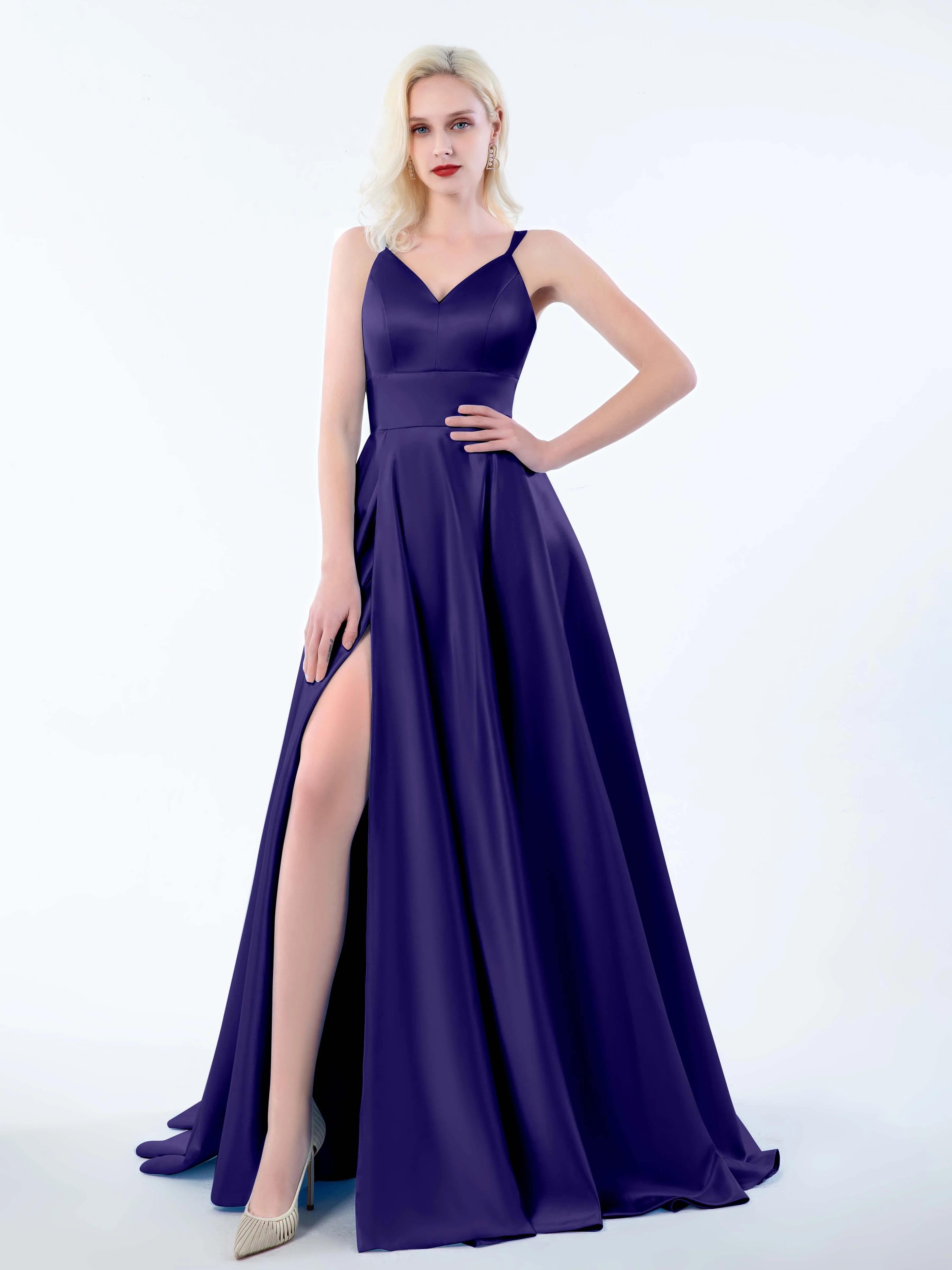 Molly Chic V Neck Slit Satin Dresses
