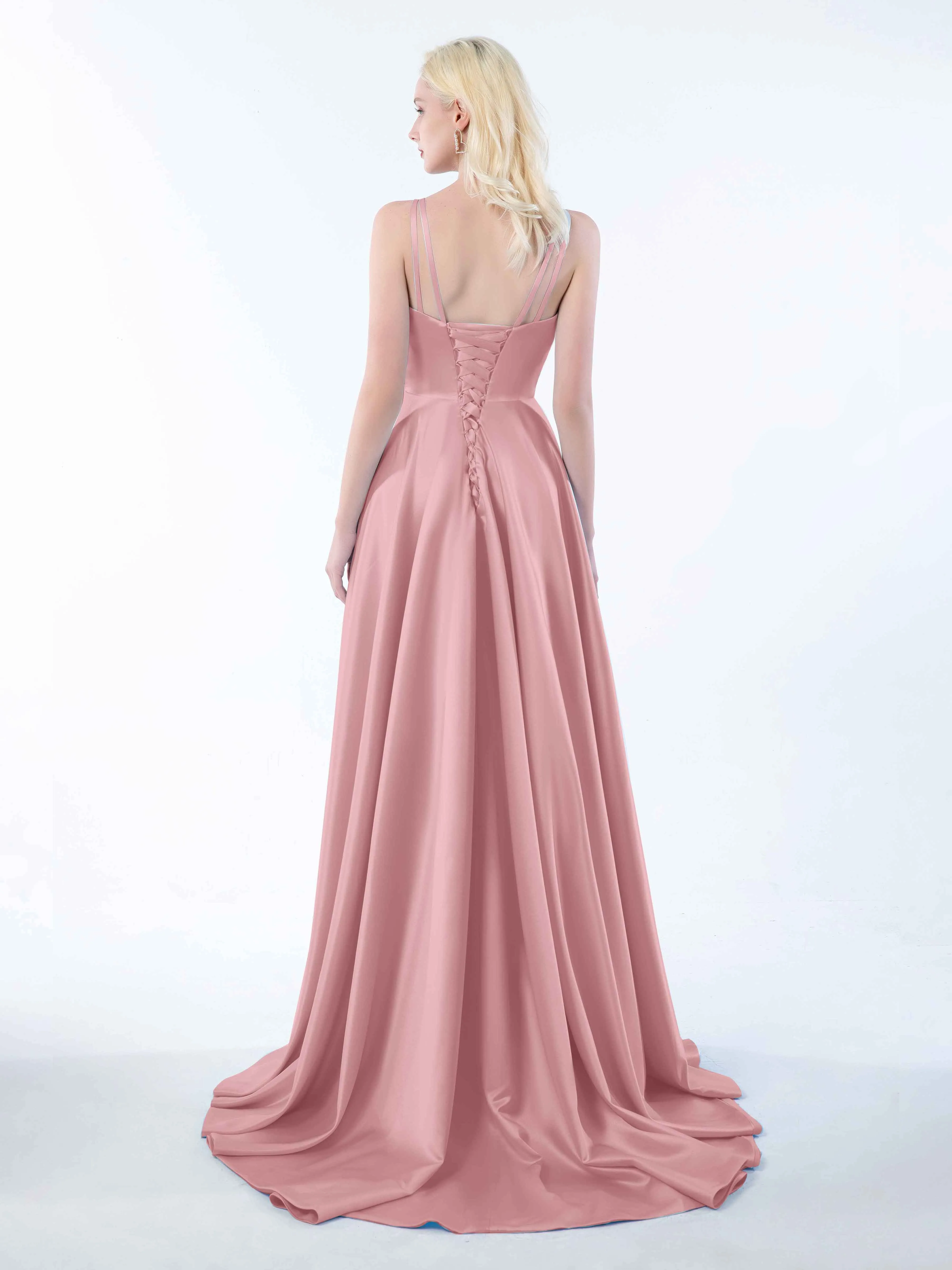Molly Chic V Neck Slit Satin Dresses